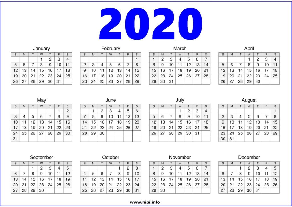 2020 Calendar Printable One Page Free Free Download