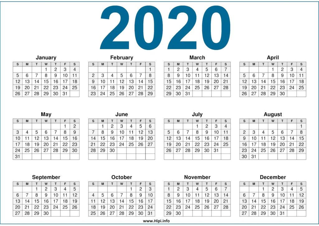 2020 Calendar Printable Free pdf - Free Download PDF