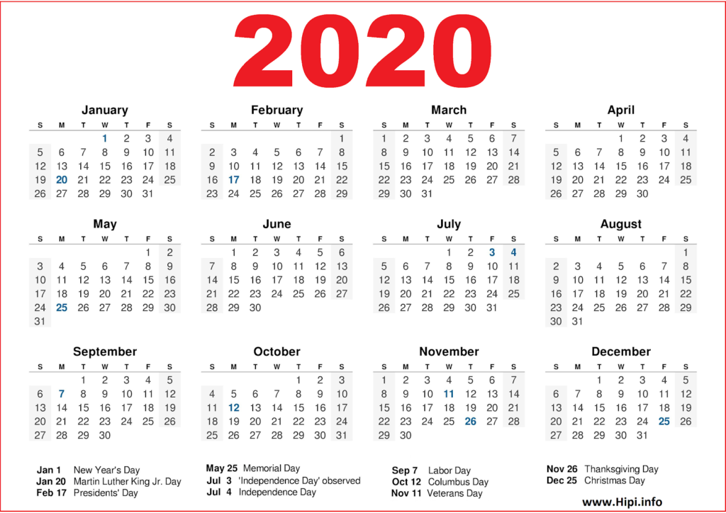 2020 Calendar Printable With Us Holidays 2020 Calendar Template