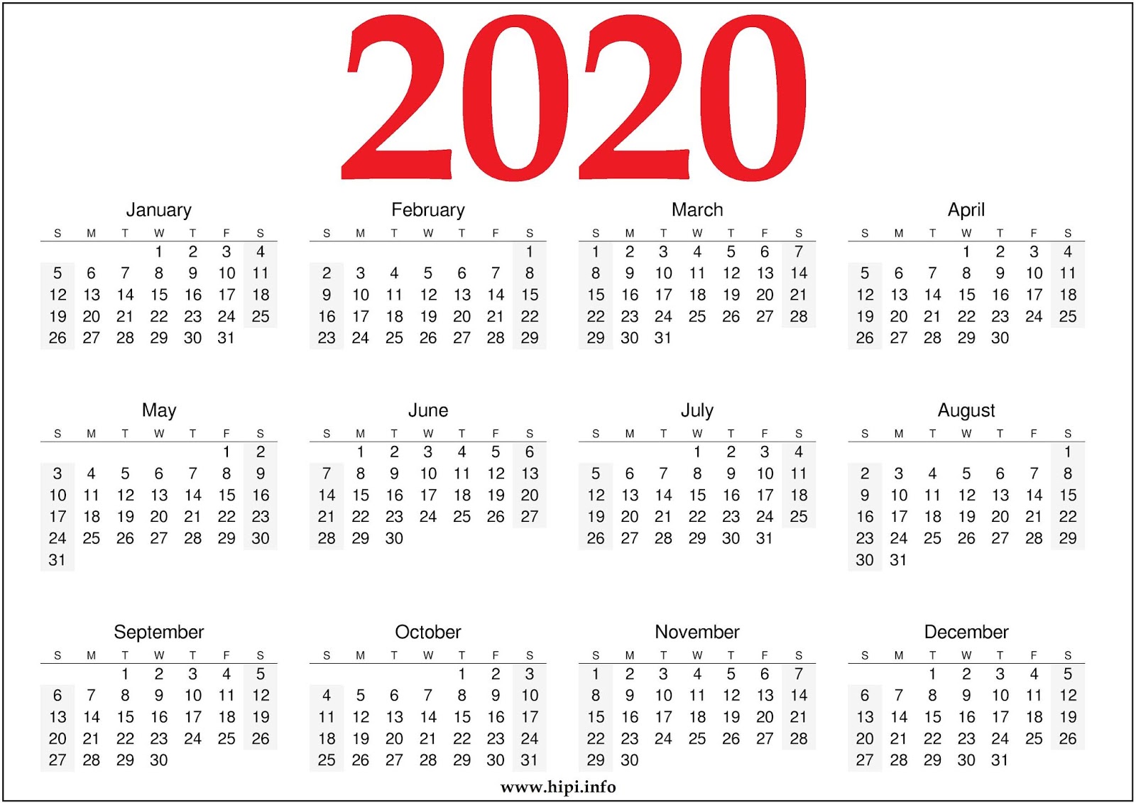 12 Month Printable Free 2020 Calendar Red And Black Hipi Info Calendars Printable Free