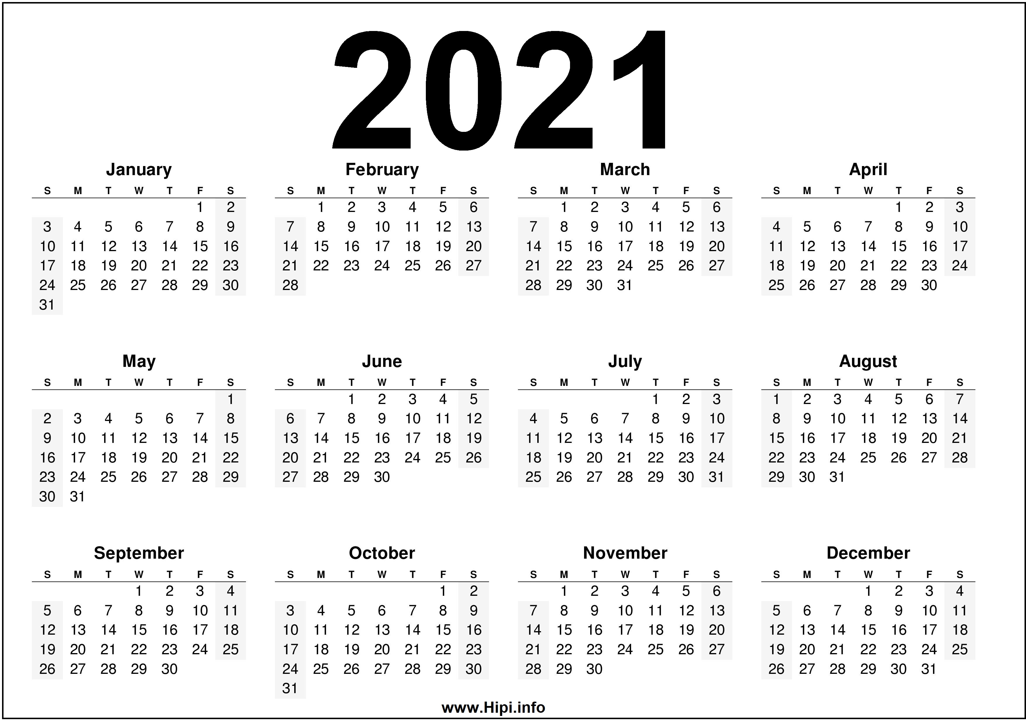 Yearly Calendar Print 2021 Calendar One Page