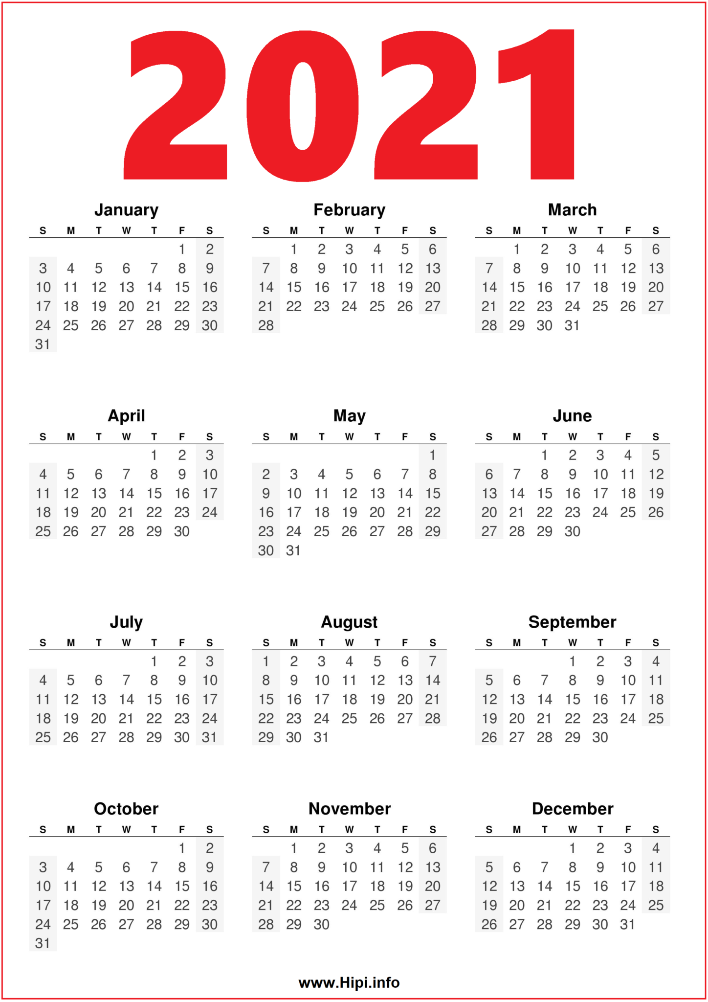 12 Month 2021 Calendar Printable - Red - Blue - Hipi.info
