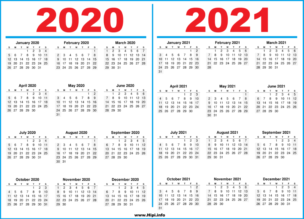 Printable 2 Year Calendar 2020 and 2021 Hipi.info