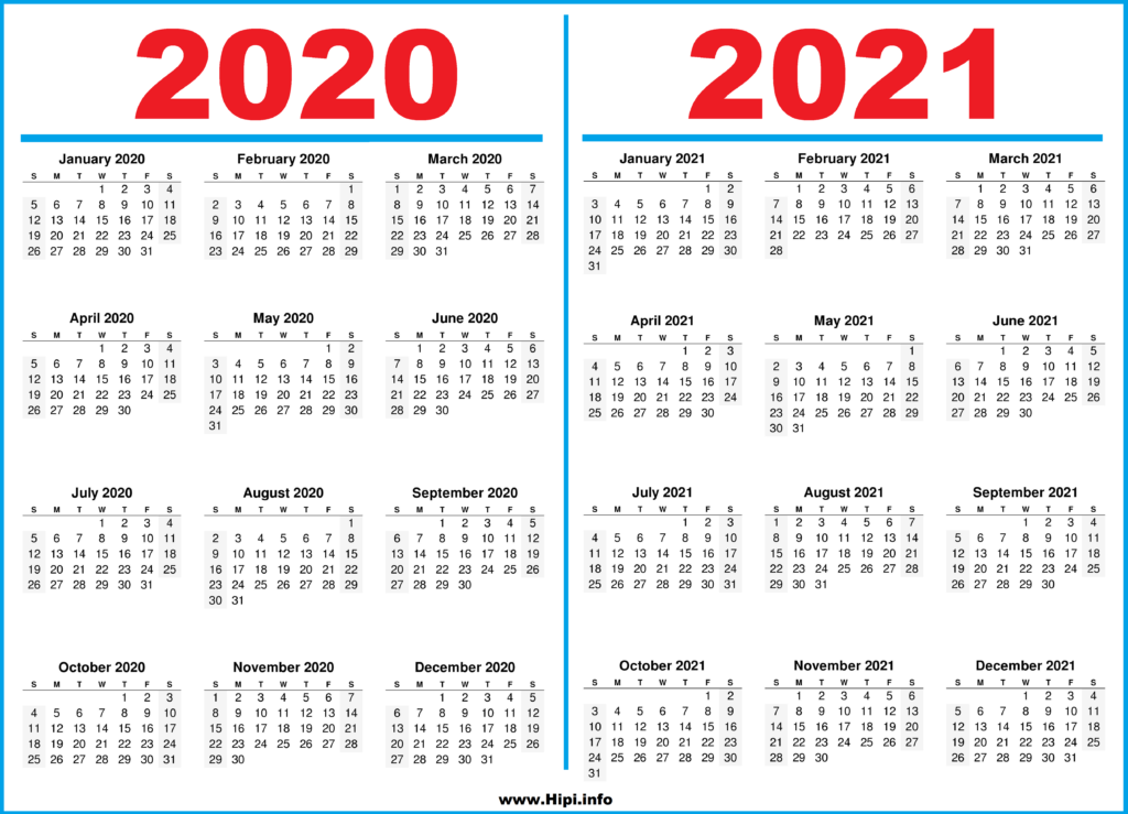 Printable 2 Year Calendar 2020 and 2021 - Hipi.info