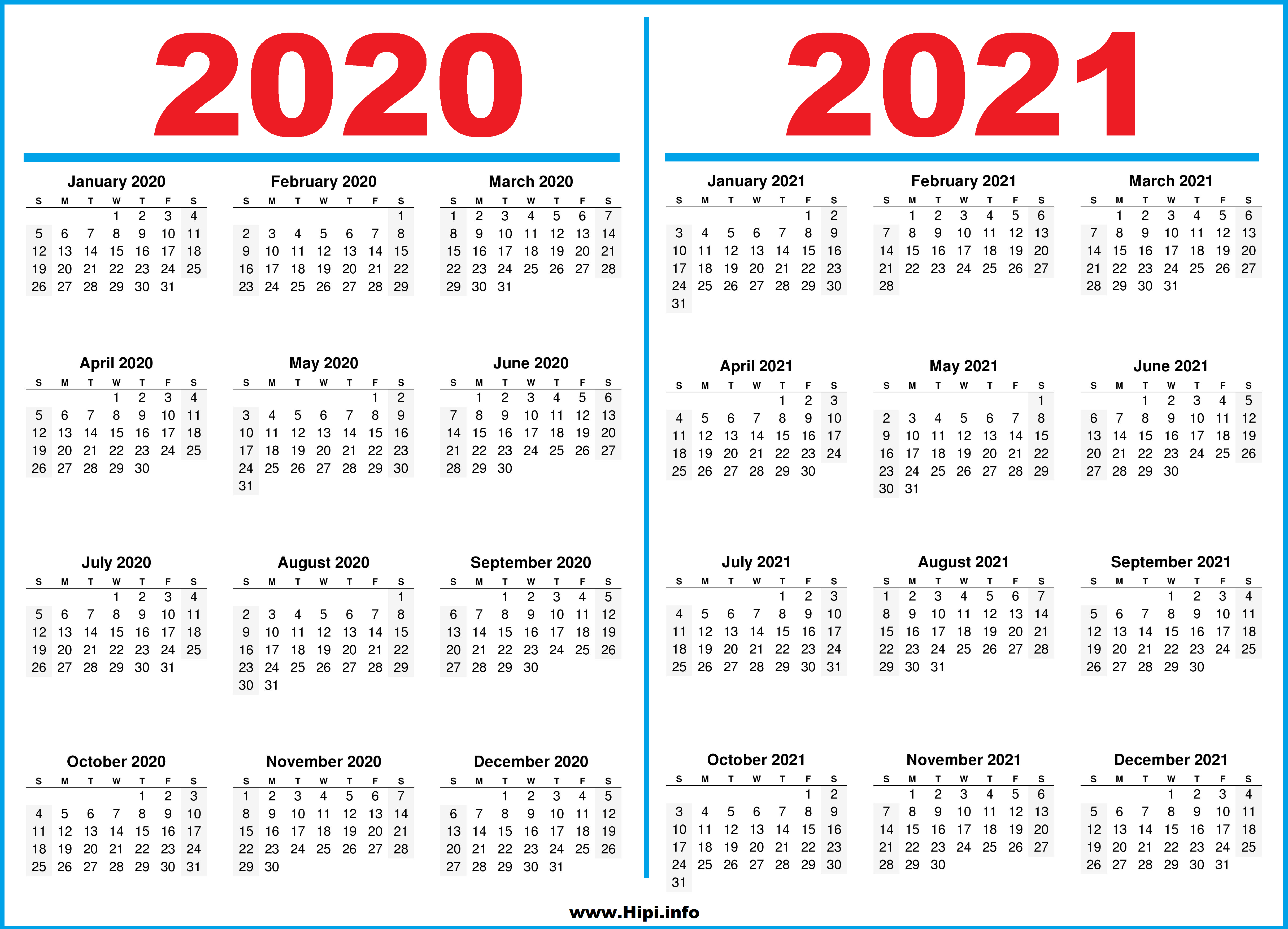 Printable 2 Year Calendar 2020 and 2021 - Hipi.info