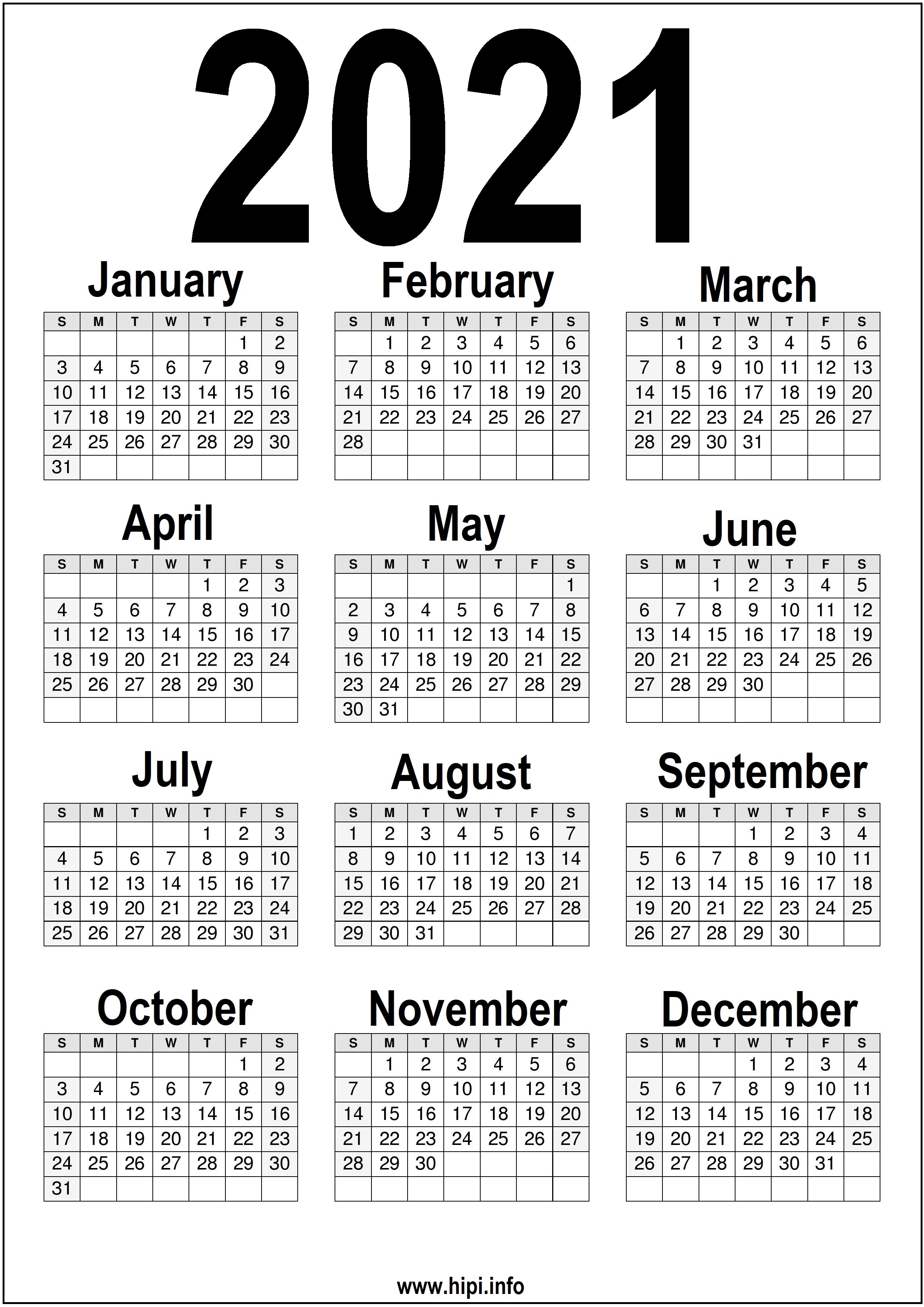 2021 calendar black and white Black And White Printable 2021 Calendar Hipi Info 2021 calendar black and white