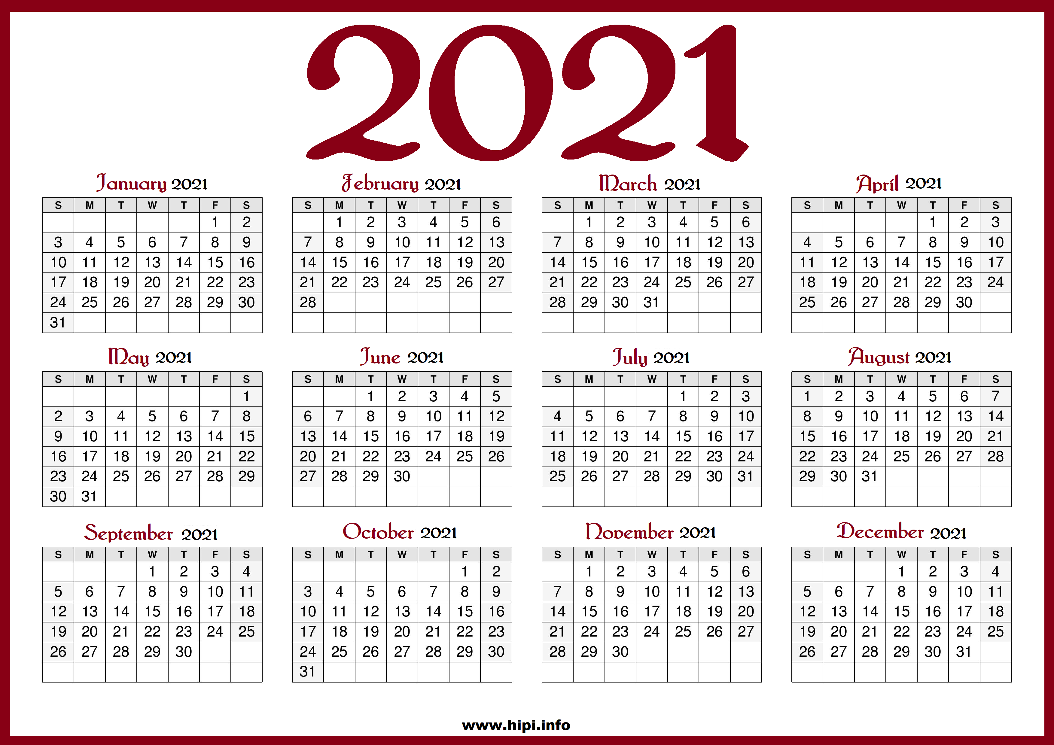 2021 Year Calendar With Holidays - February 2021