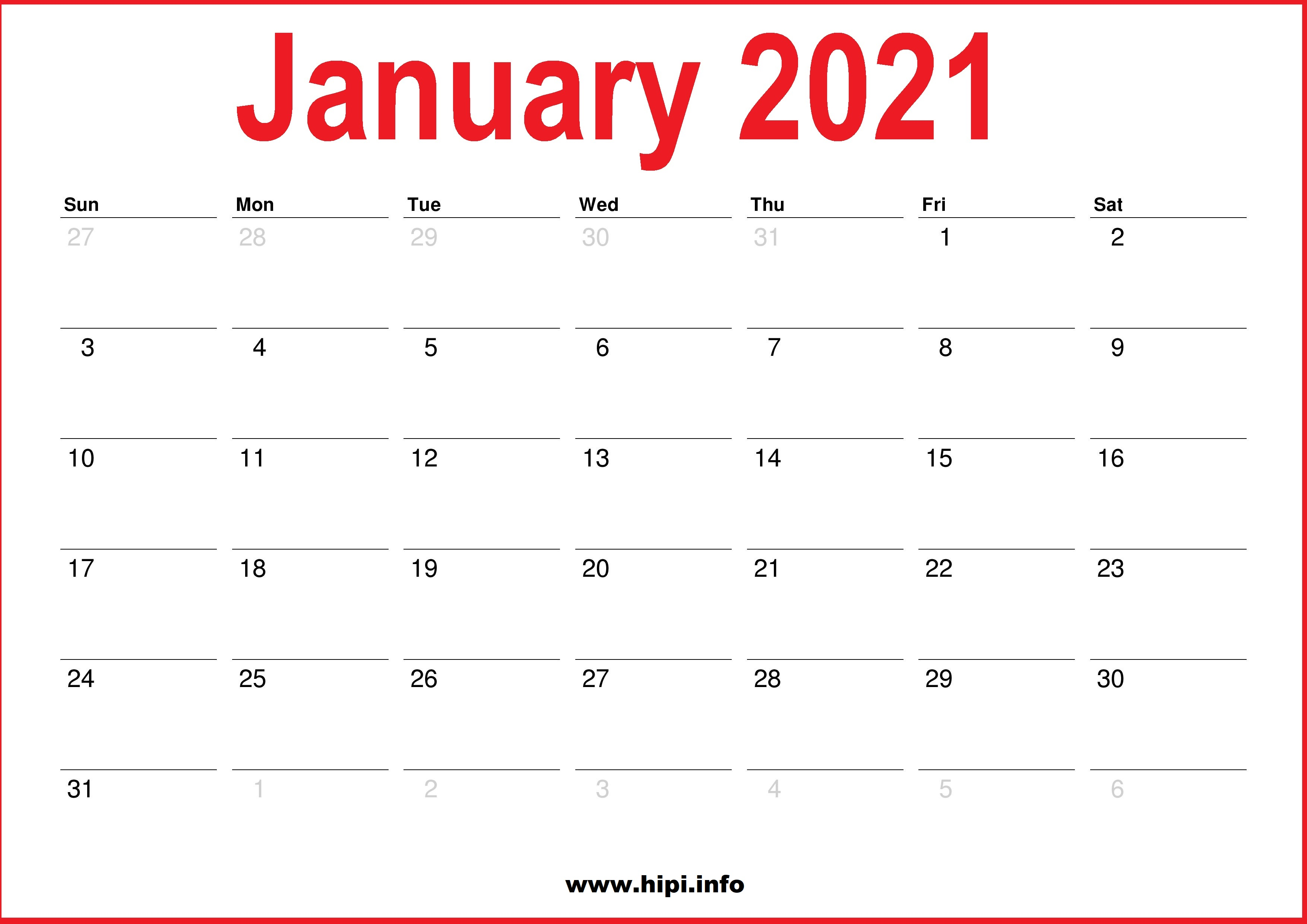 2021 January Calendar Printable Monthly Calendar