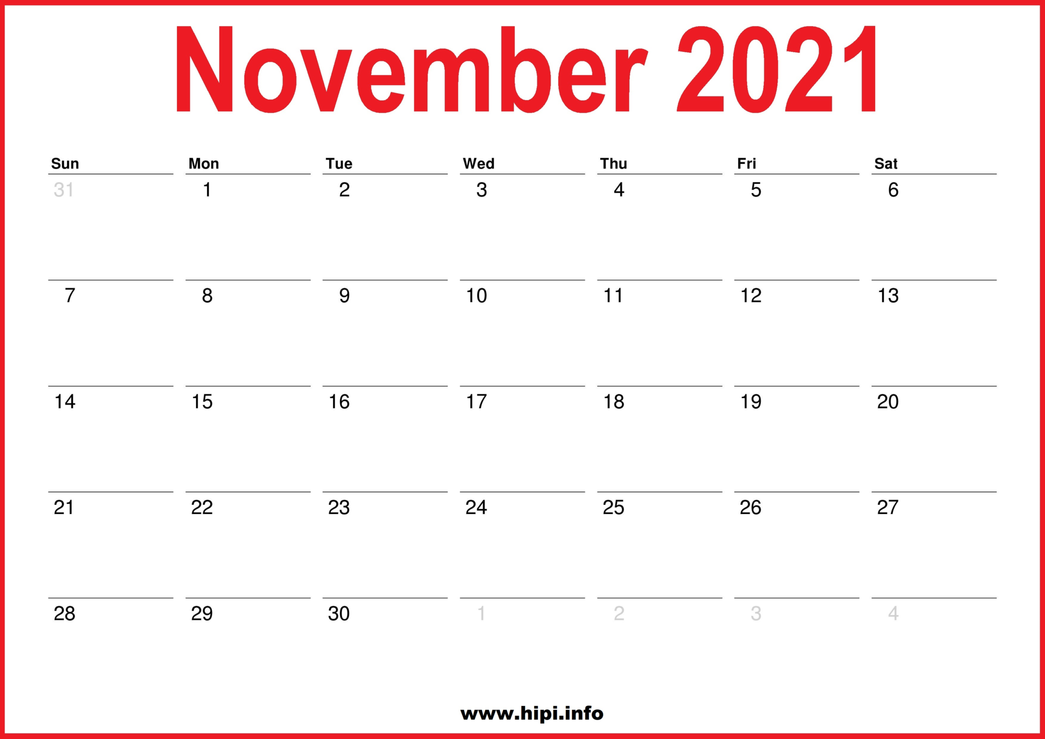 2021 November Calendar Printable Monthly Calendar Hipi.info