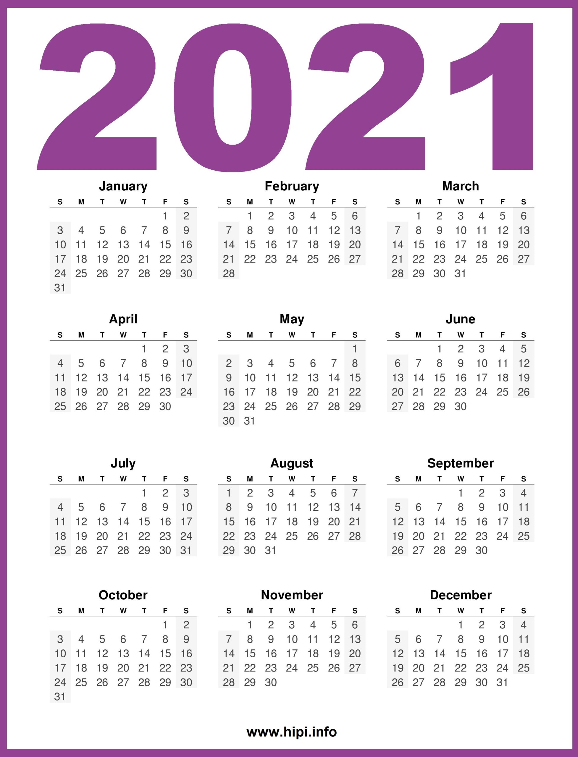 Printable 2021 Calendar 12 Month Calendar Hipi.info Calendars