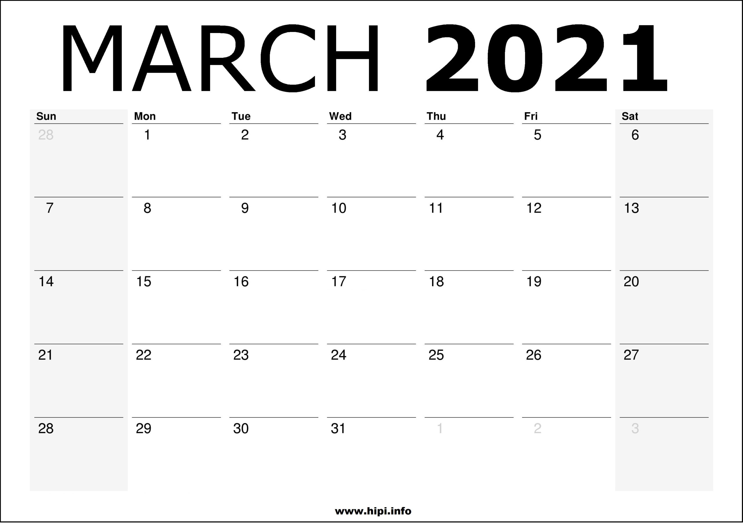 Monthly Calendar Template 2021 March Pic Nation
