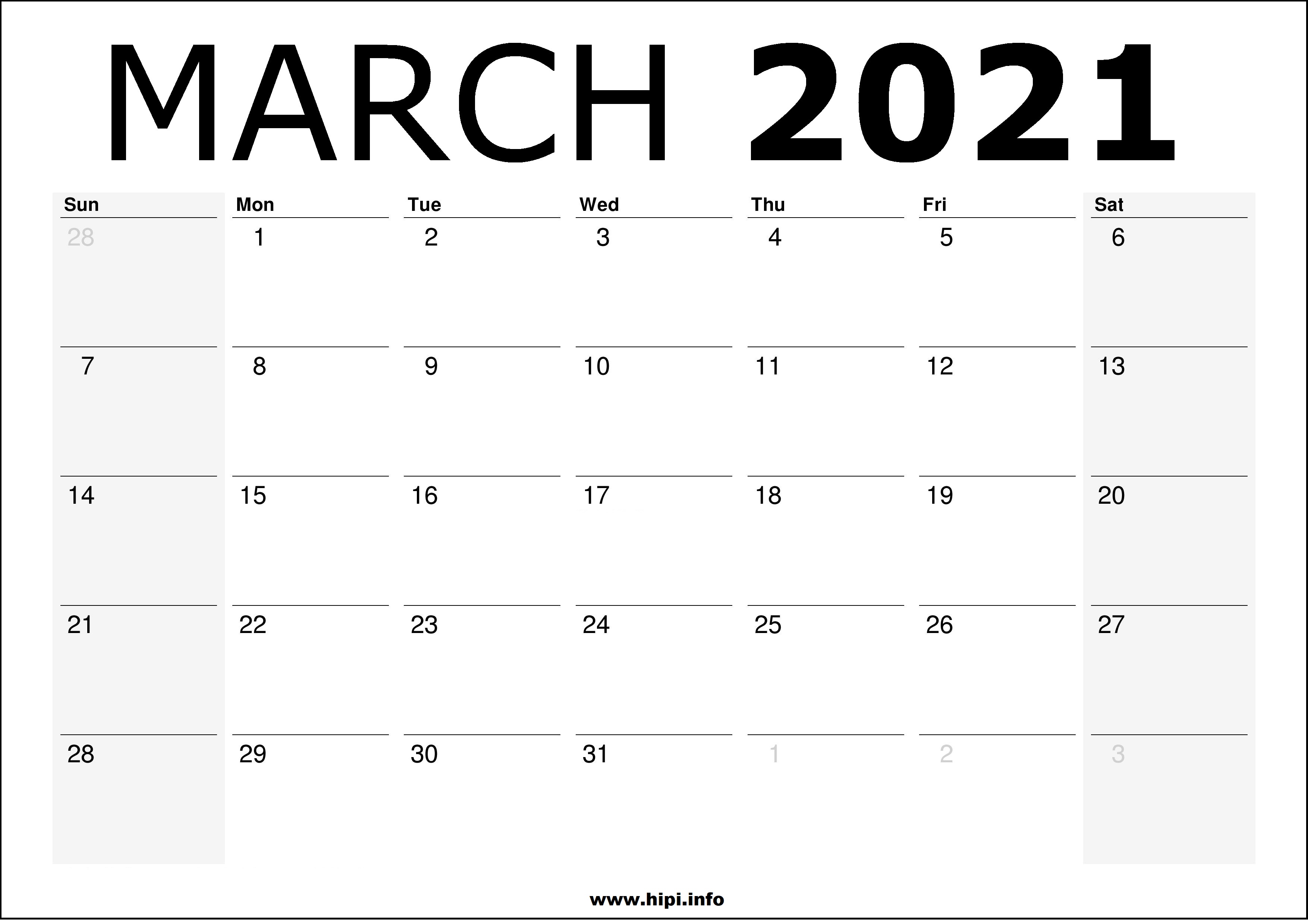 Free Monthly Calendar Template 2021 March