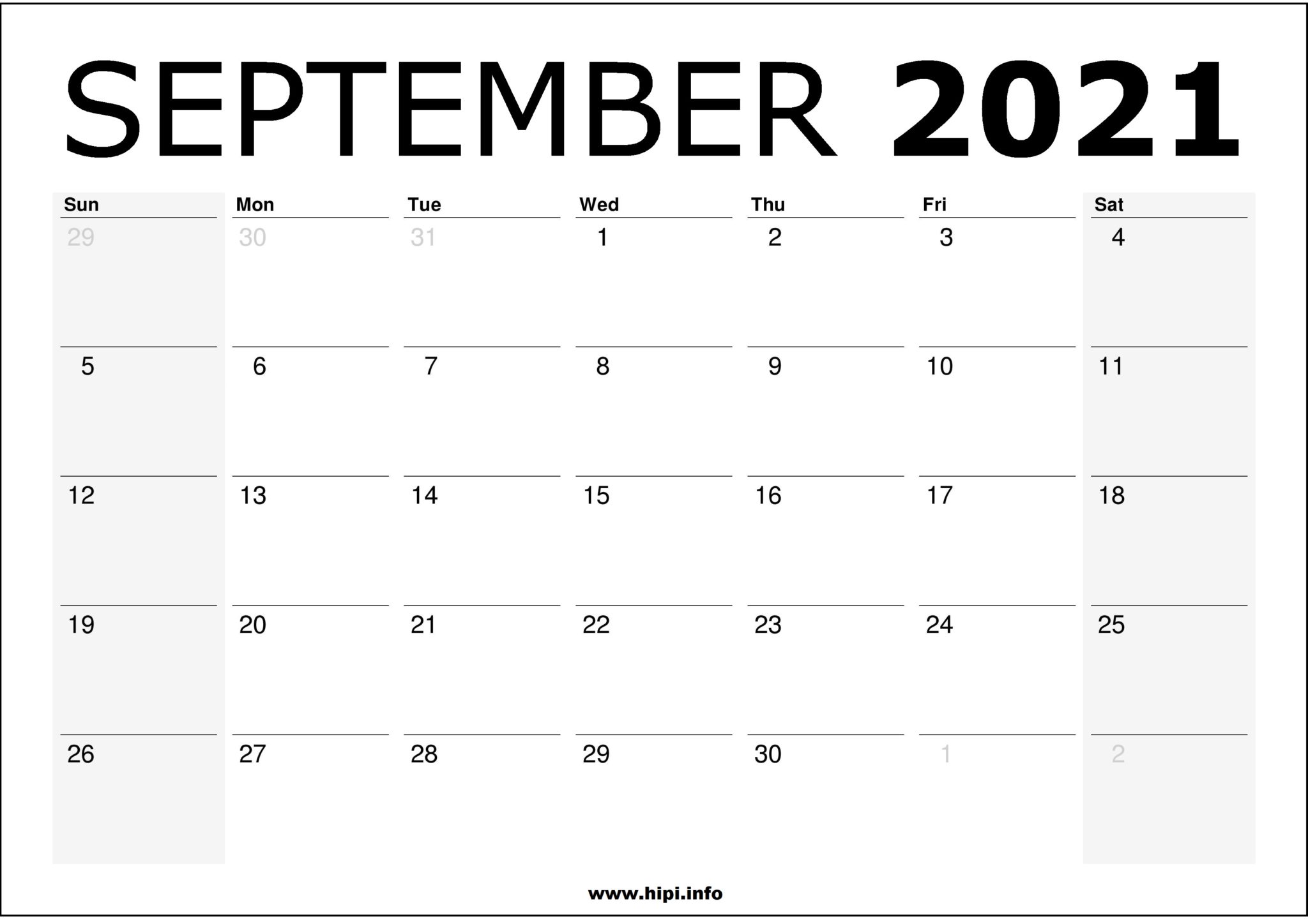 September 2021 Monthly Calendar Printable