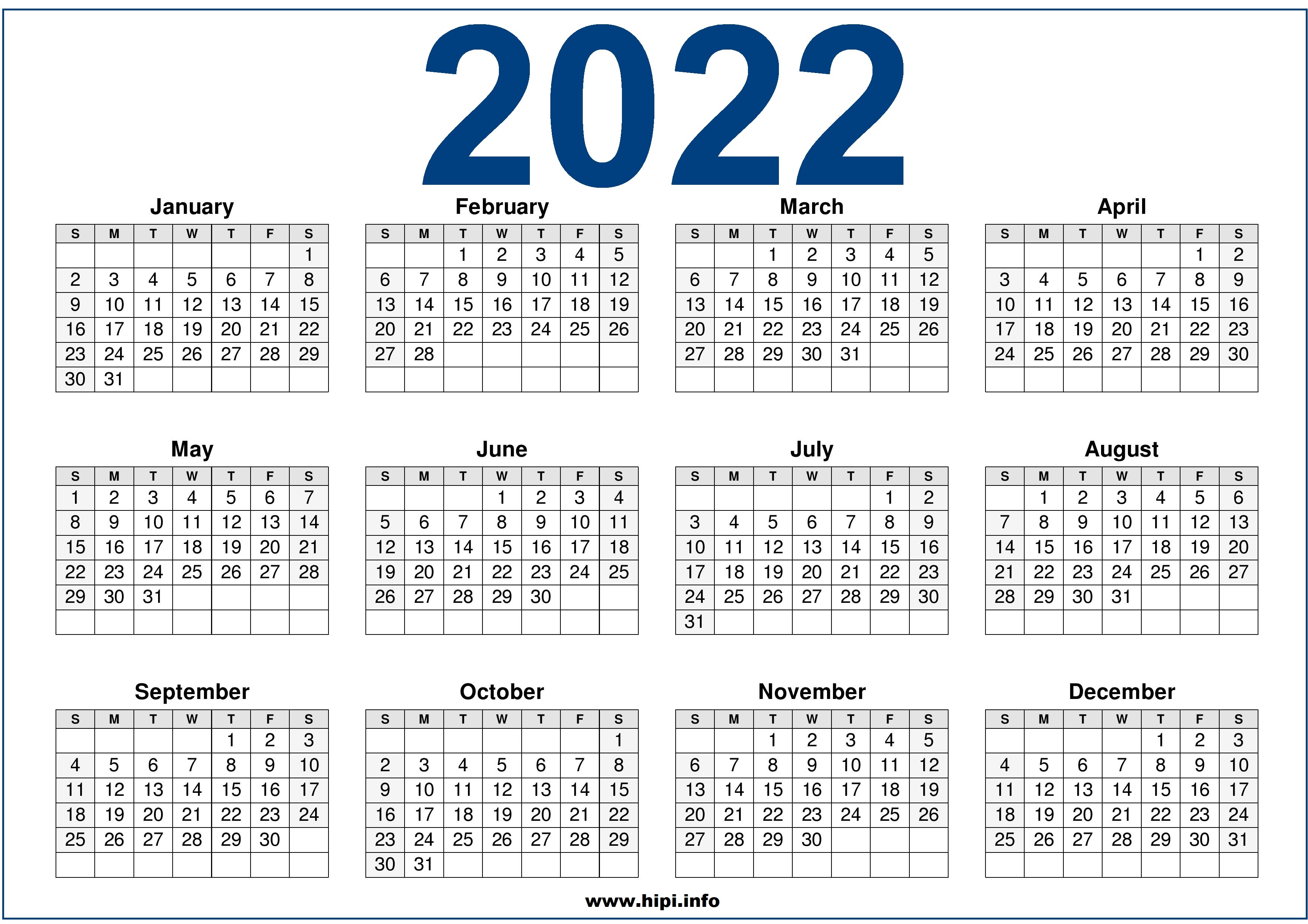 Printable Calendar 2022 One Page 2022 Calendar Printable Us One Page - Hipi.info | Calendars Printable Free