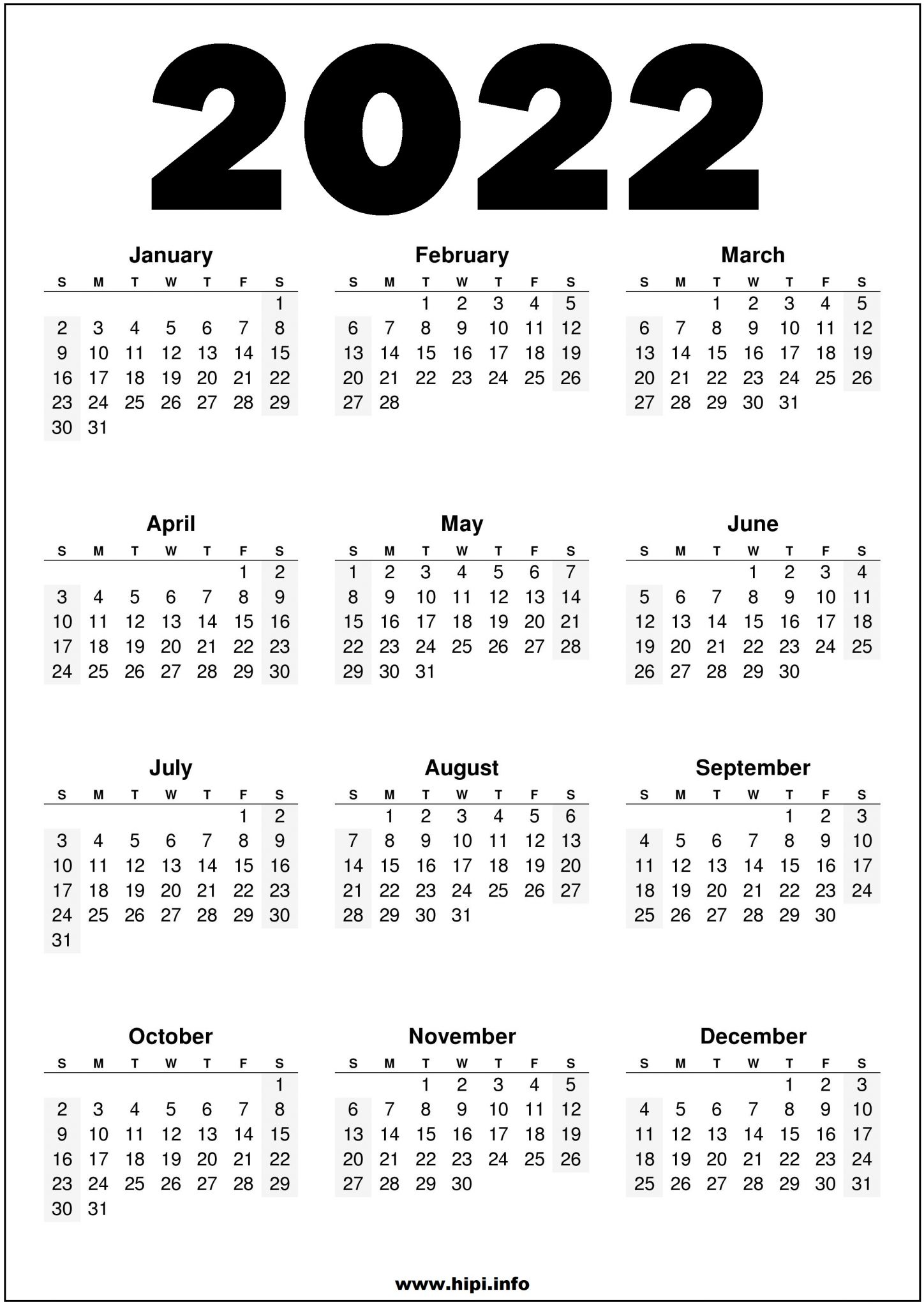 2022 Printable US Calendar Black and White Hipi.info Calendars