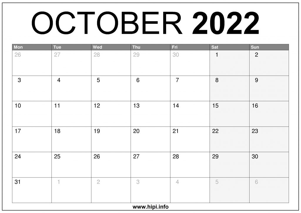 October 2022 Calendar Printable Free Hipi info Calendars Printable Free