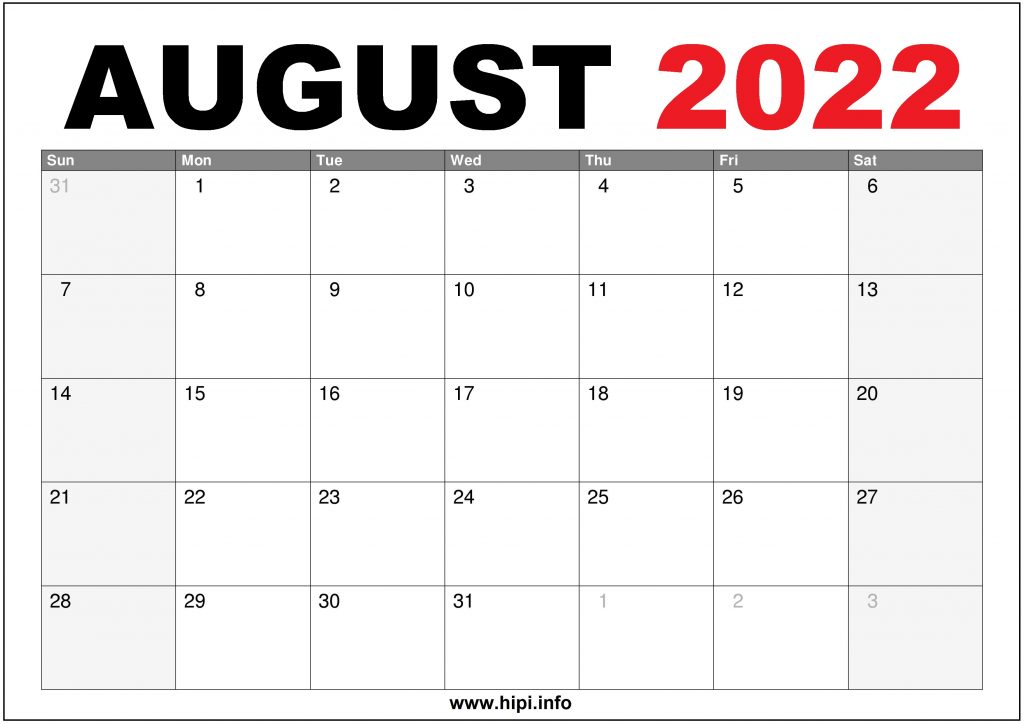 US August 2022 Calendar Printable