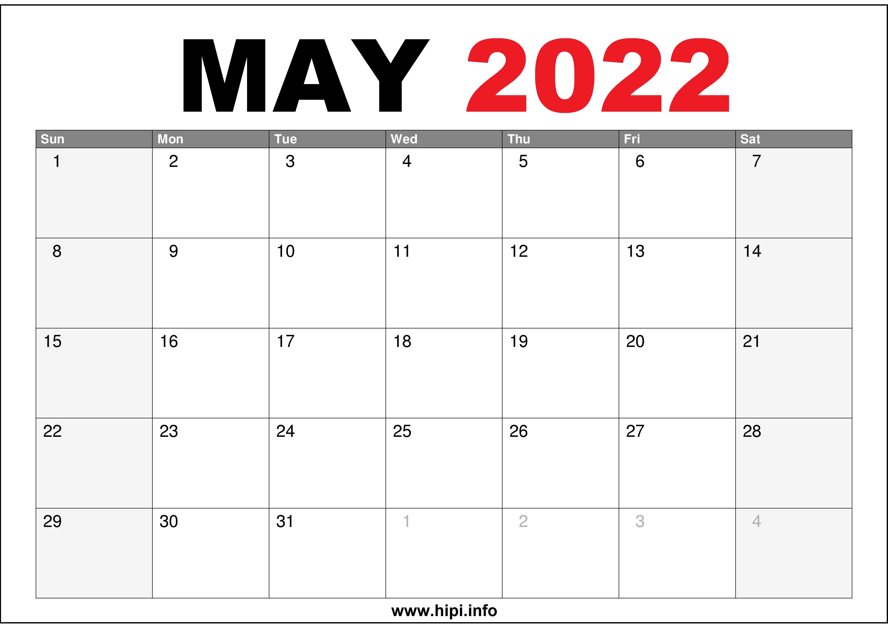 May Calendar 2022 Printable May 2022 Calendar Printable Us - Hipi.info | Calendars Printable Free