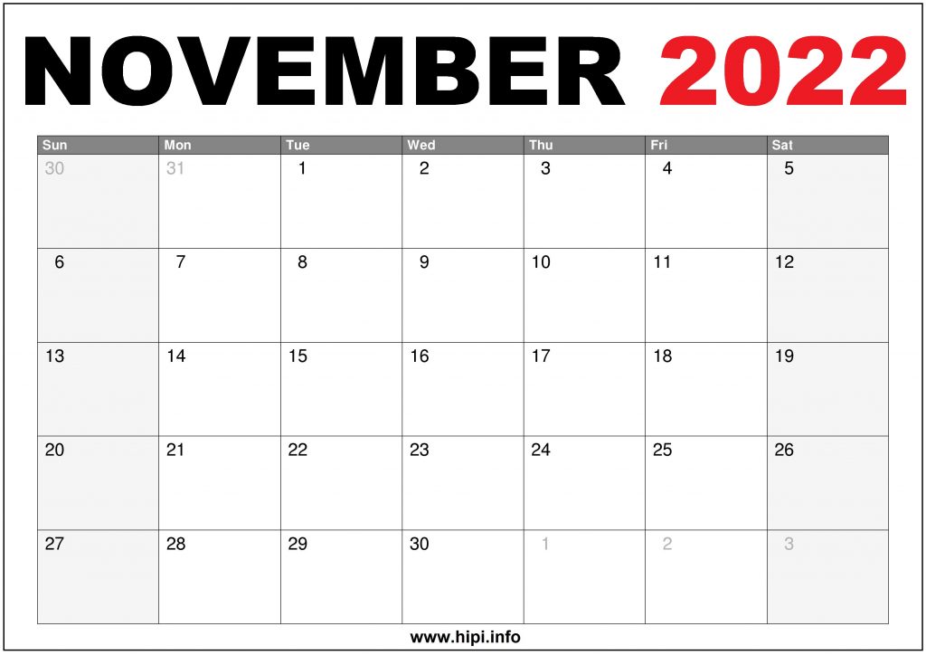 November 2022 Calendar Printable Free - Hipi.info | Calendars Printable Free