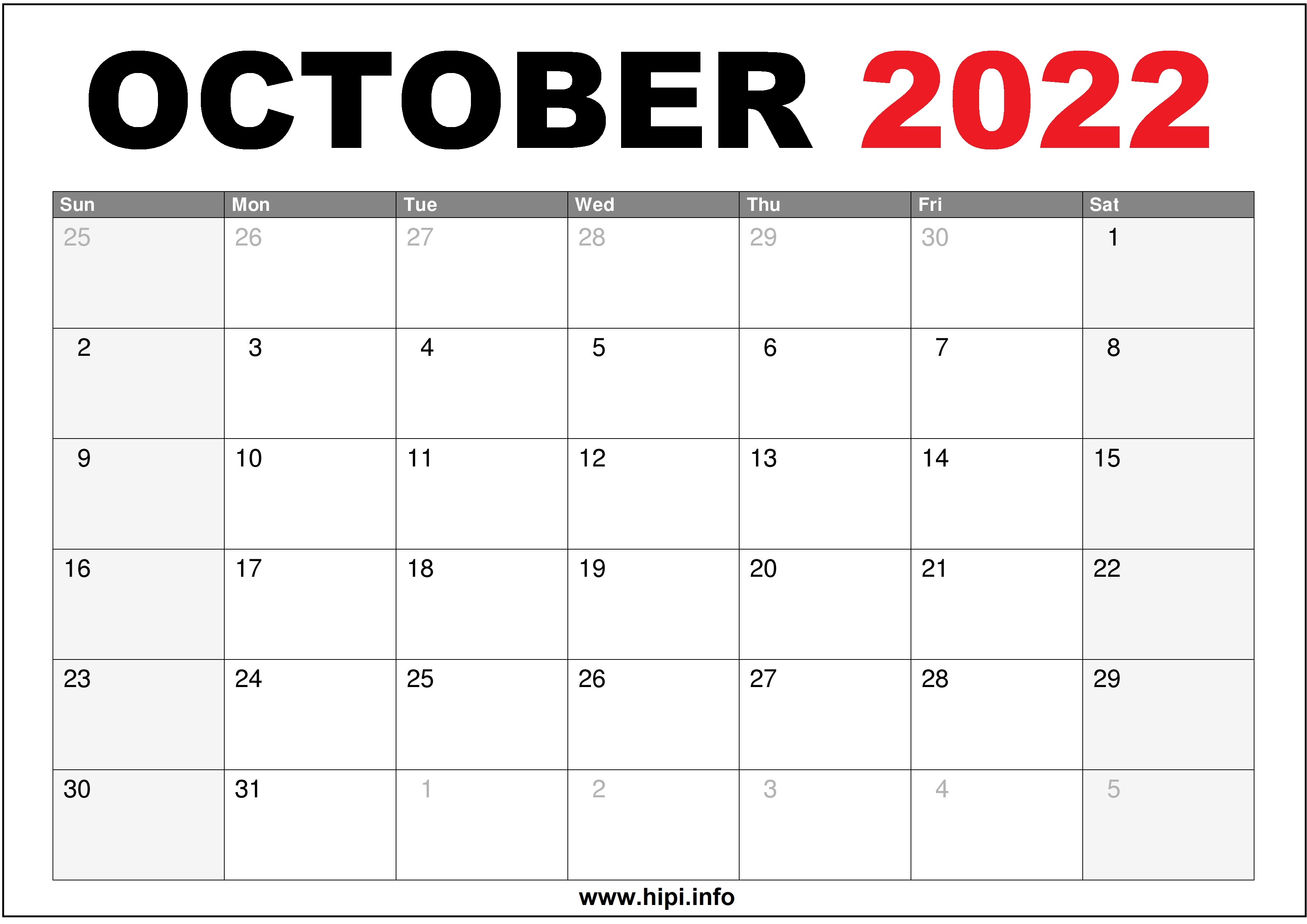 Oct 2022 Calendar October 2022 Calendar Printable Us - Hipi.info | Calendars Printable Free