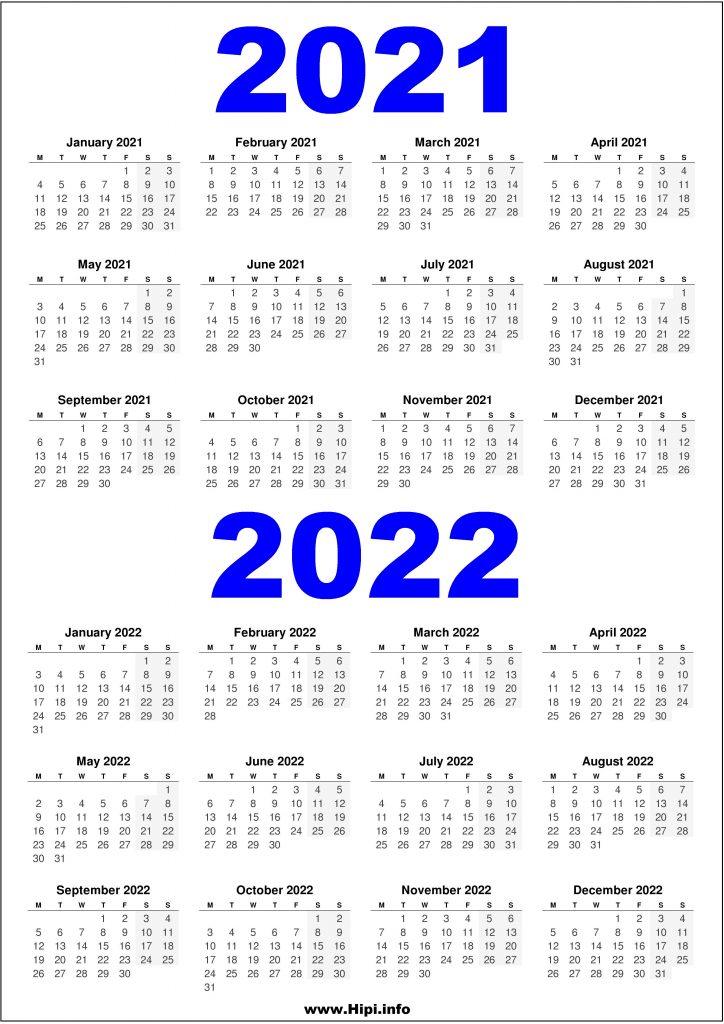 2021 and 2022 Printable UK Calendar - 2 Year