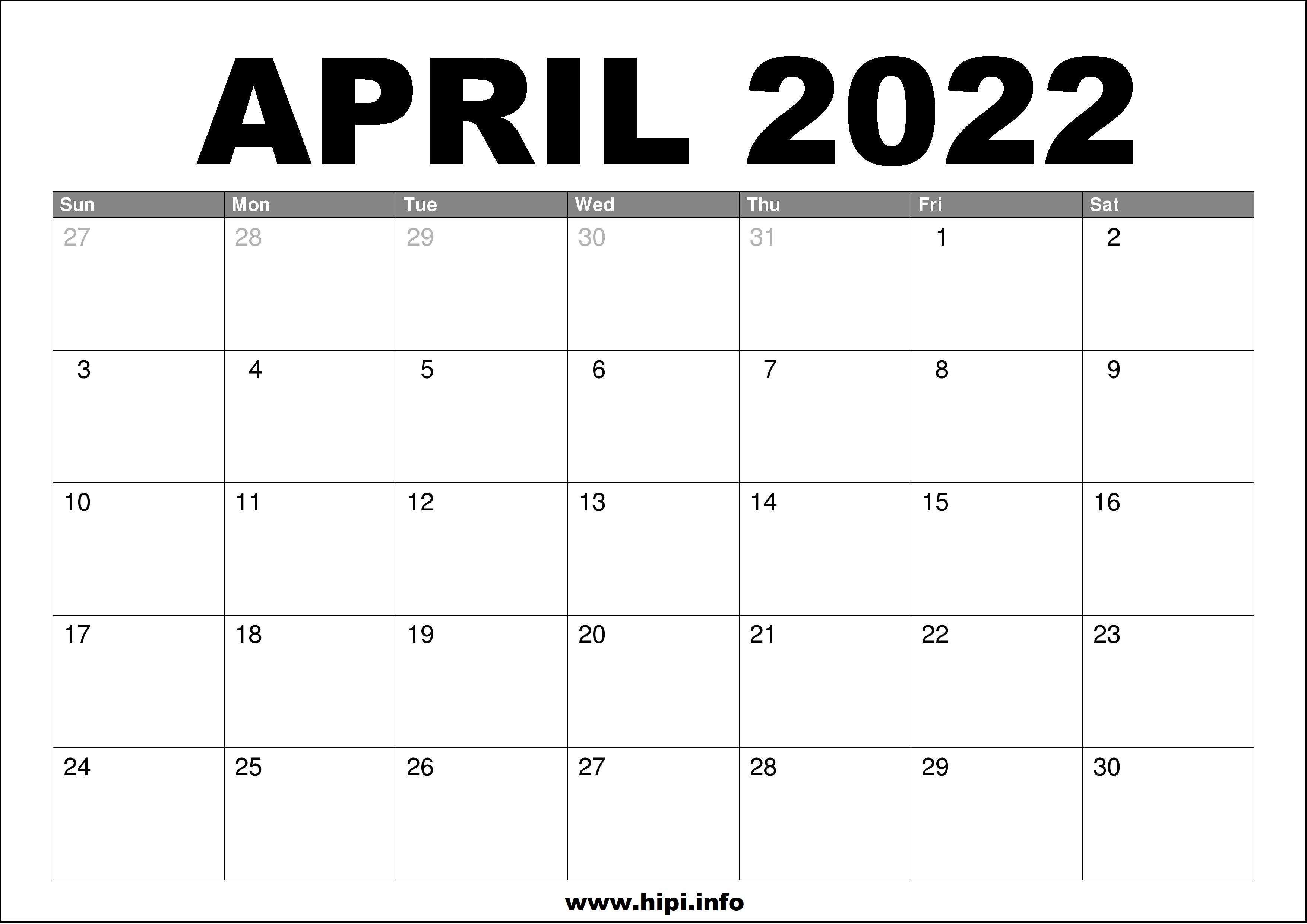 Monthly Calendar April 2022 April 2022 Calendar Printable Free - Hipi.info | Calendars Printable Free