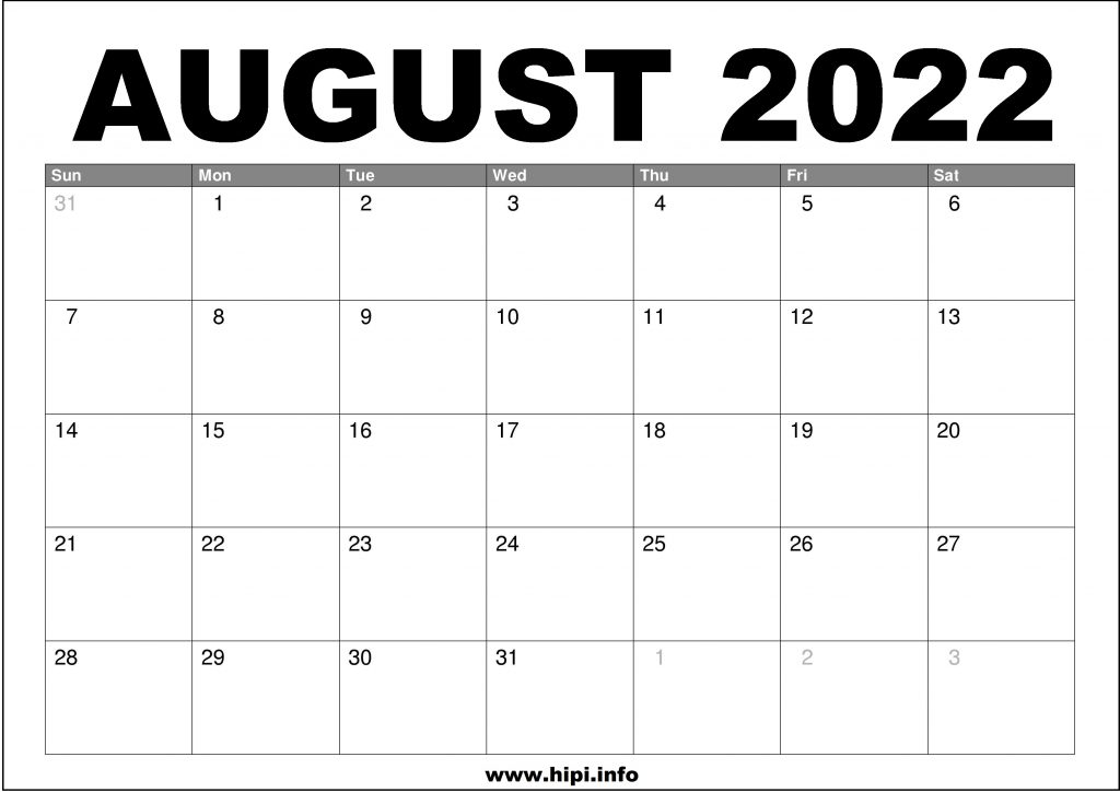 Monthly Calendar August 2022 August 2022 Calendar Printable Free - Hipi.info | Calendars Printable Free