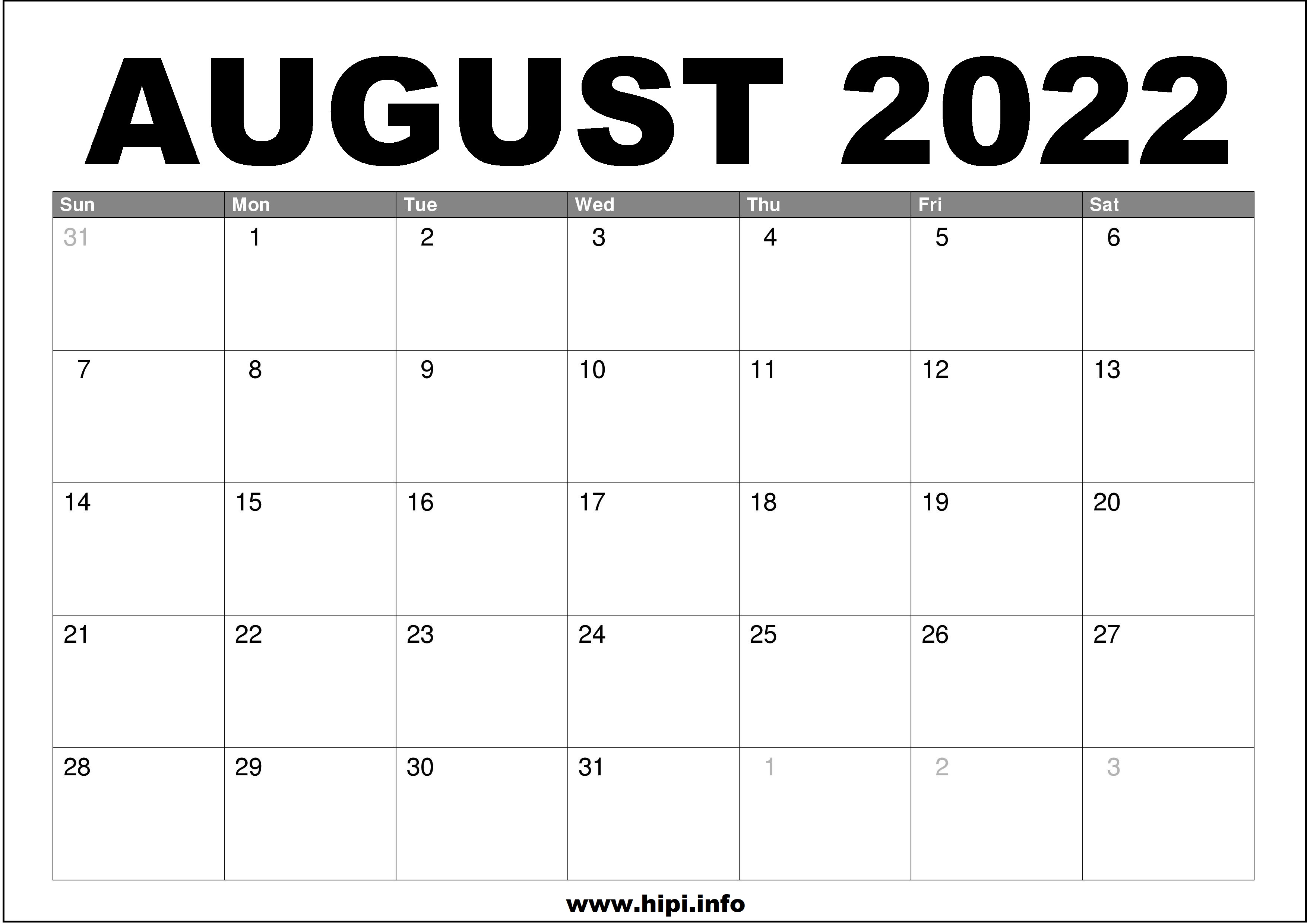 Free Calendar August 2022 August 2022 Calendar Printable Free - Hipi.info | Calendars Printable Free
