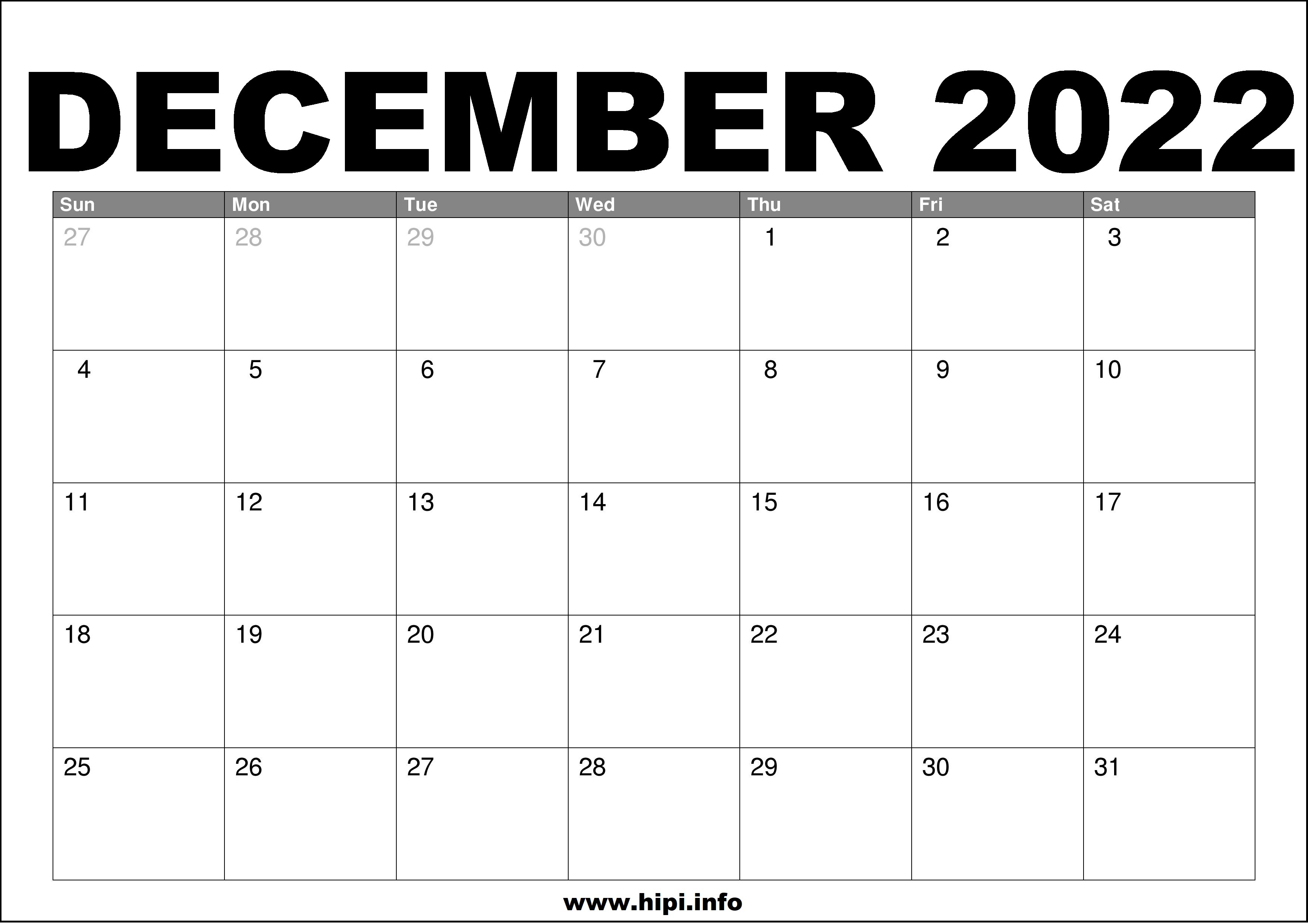 December Printable Calendar 2022 December 2022 Calendar Printable Free - Hipi.info | Calendars Printable Free