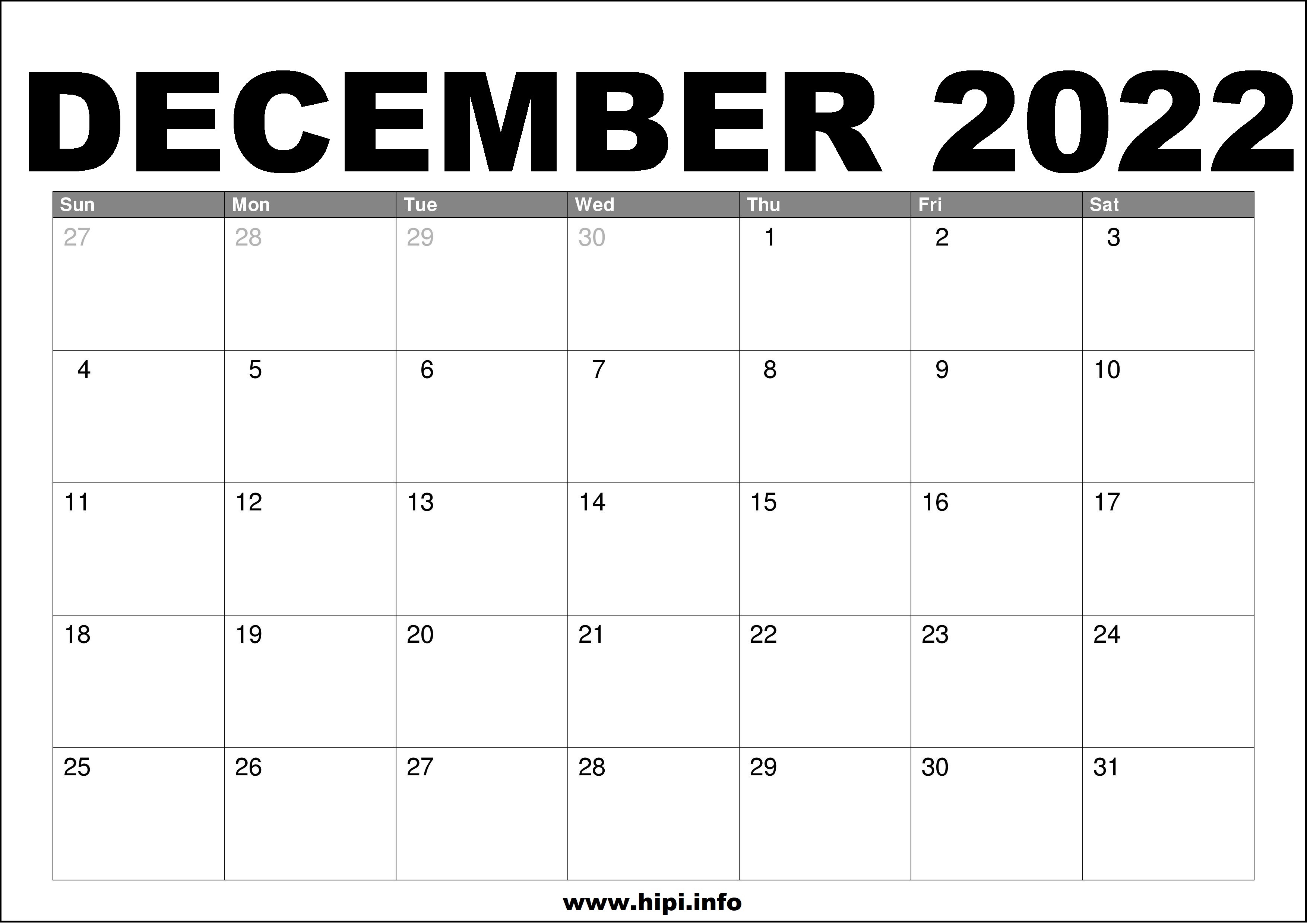 Printable Calendar For December