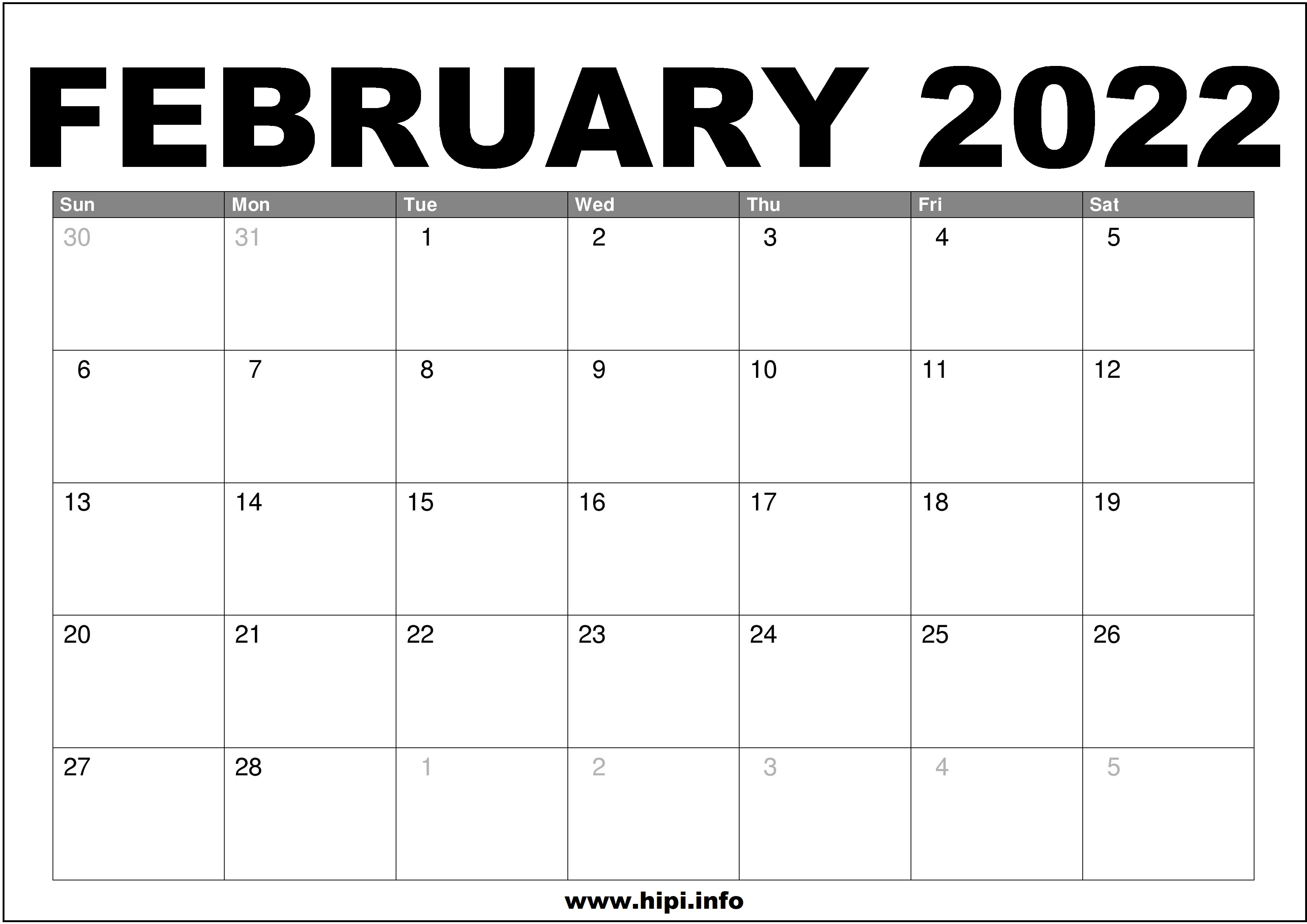 Month Of February 2022 Calendar February 2022 Calendar Printable Free - Hipi.info | Calendars Printable Free