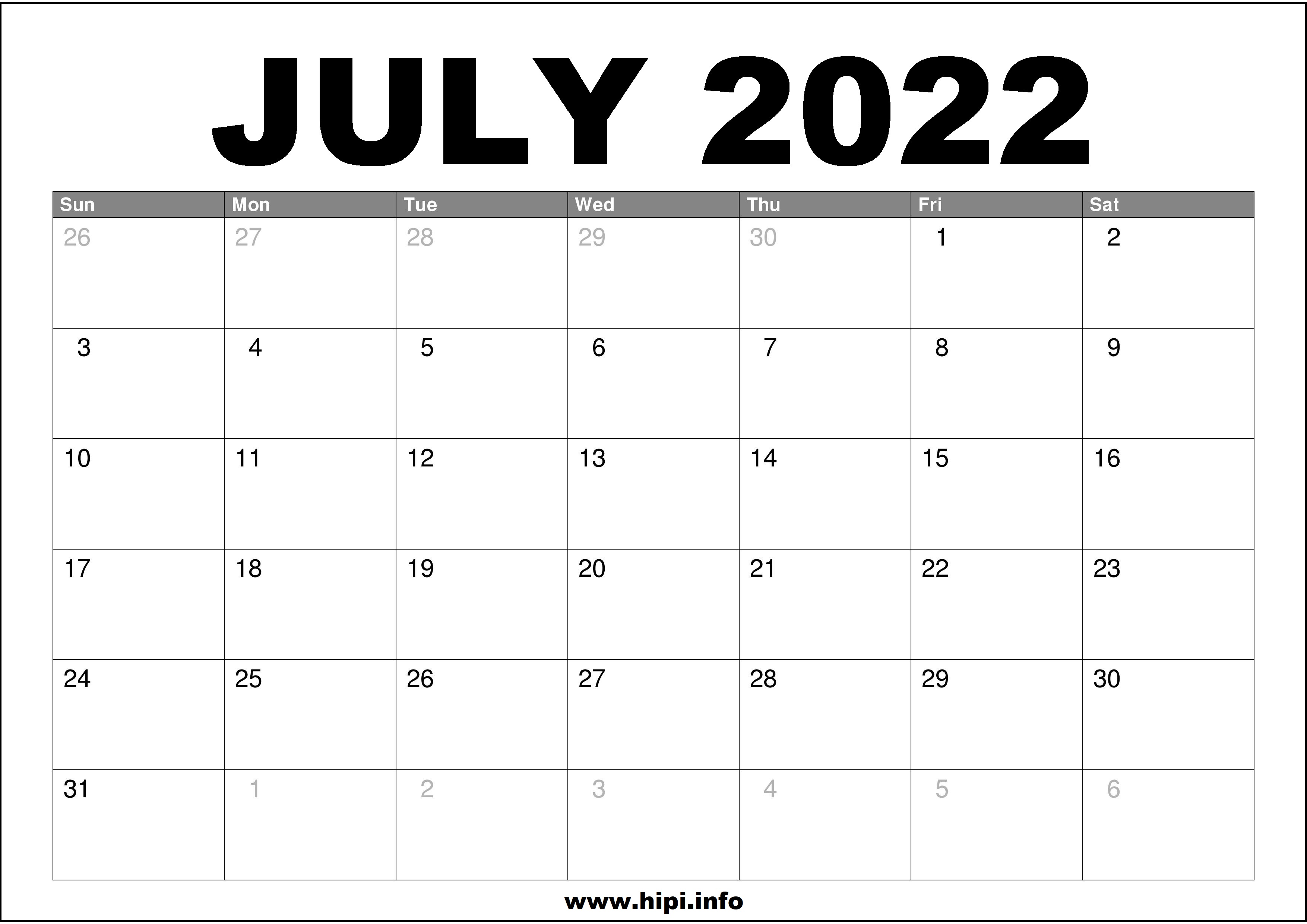 Monthly Calendar July 2022 July 2022 Calendar Printable Free - Hipi.info | Calendars Printable Free