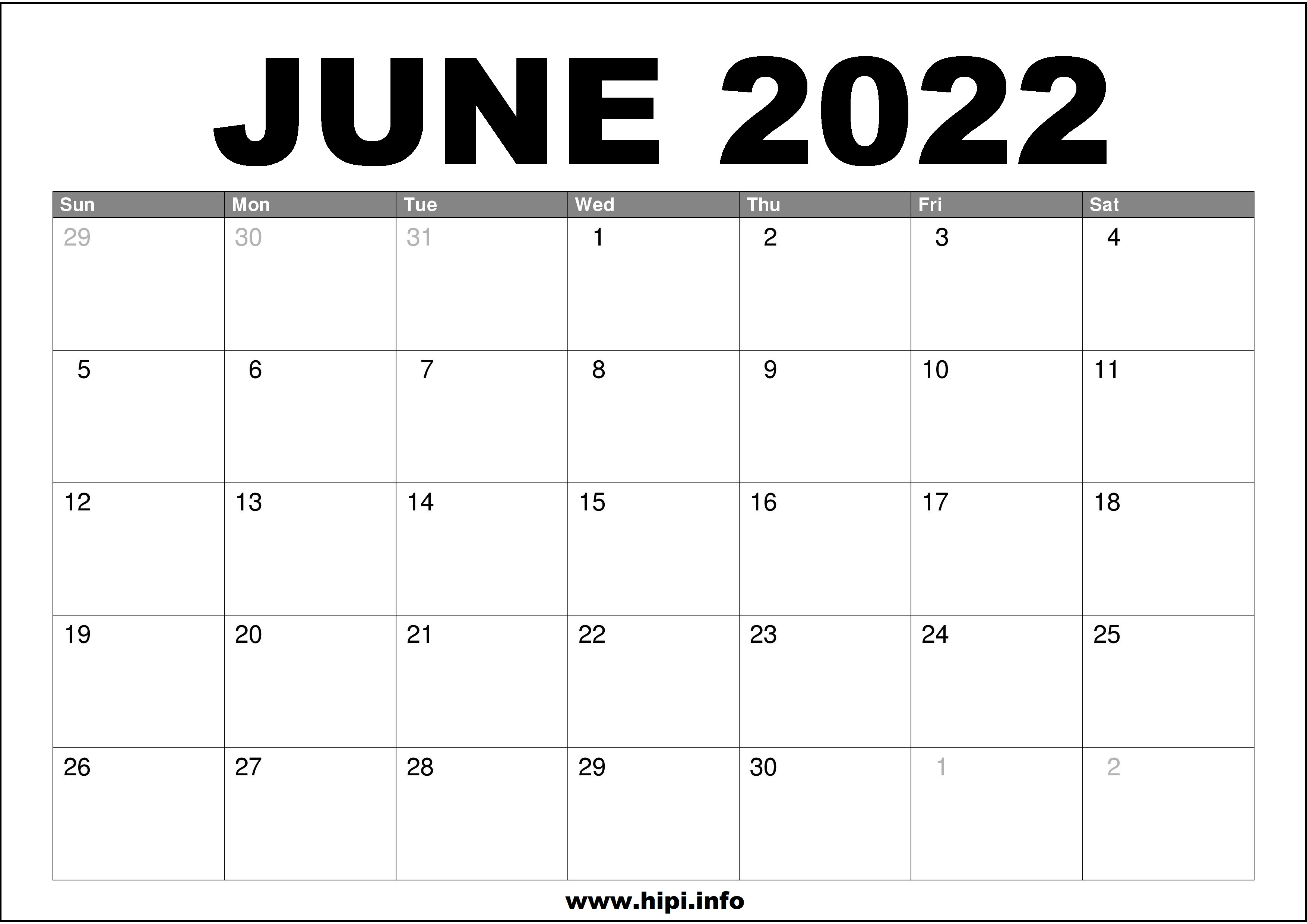 Month Of June 2022 Calendar June 2022 Calendar Printable Free - Hipi.info | Calendars Printable Free