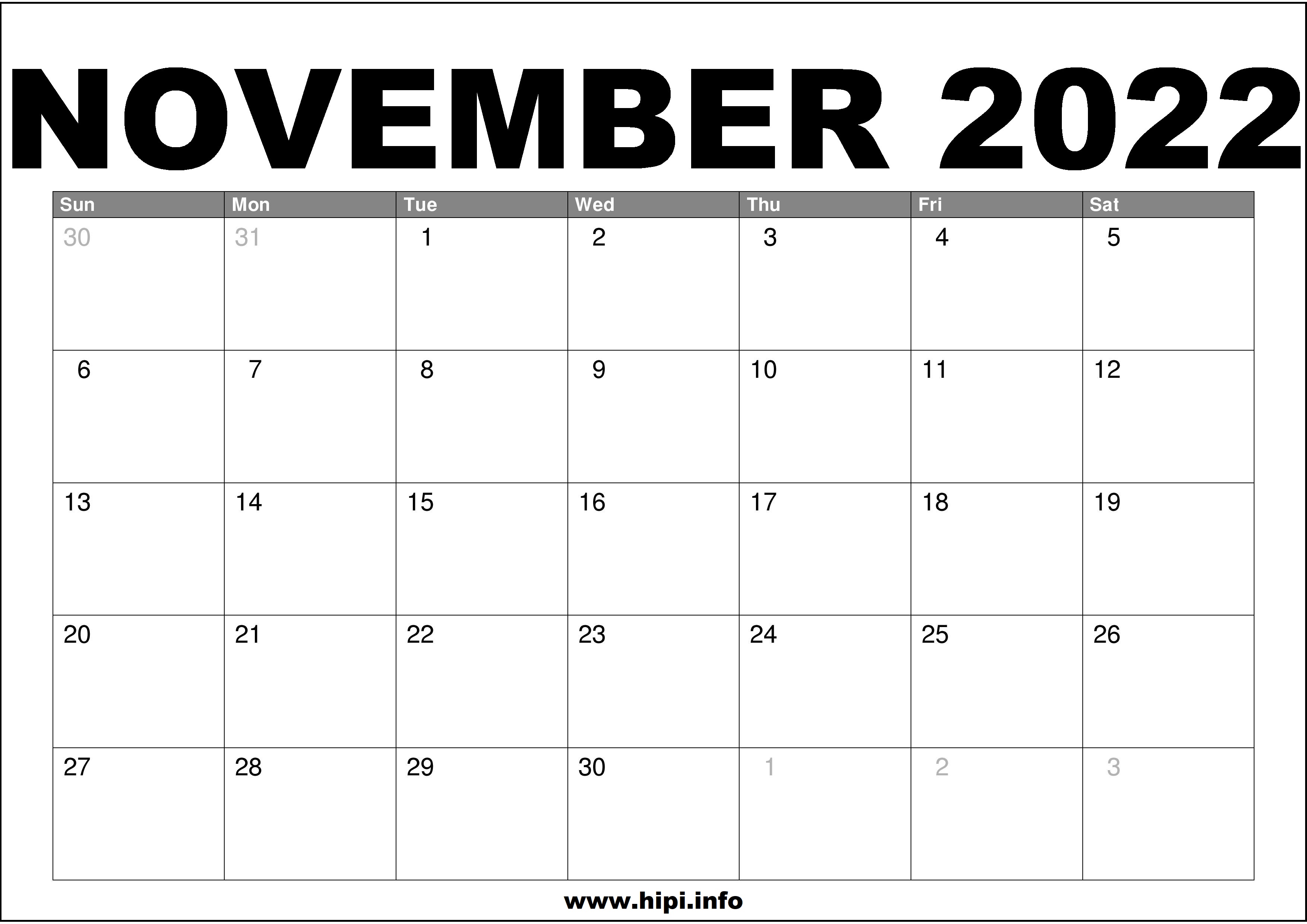Printable Calendar 2022 November November 2022 Calendar Printable Free - Hipi.info | Calendars Printable Free