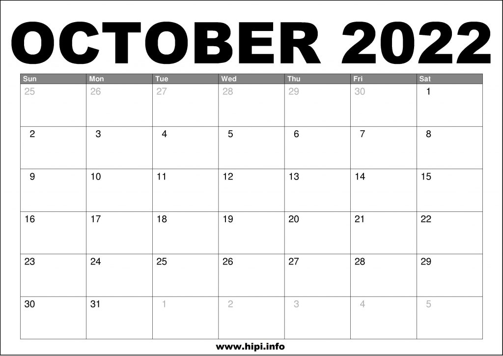 October 2022 Calendar Printable Free - Hipi.info | Calendars Printable Free