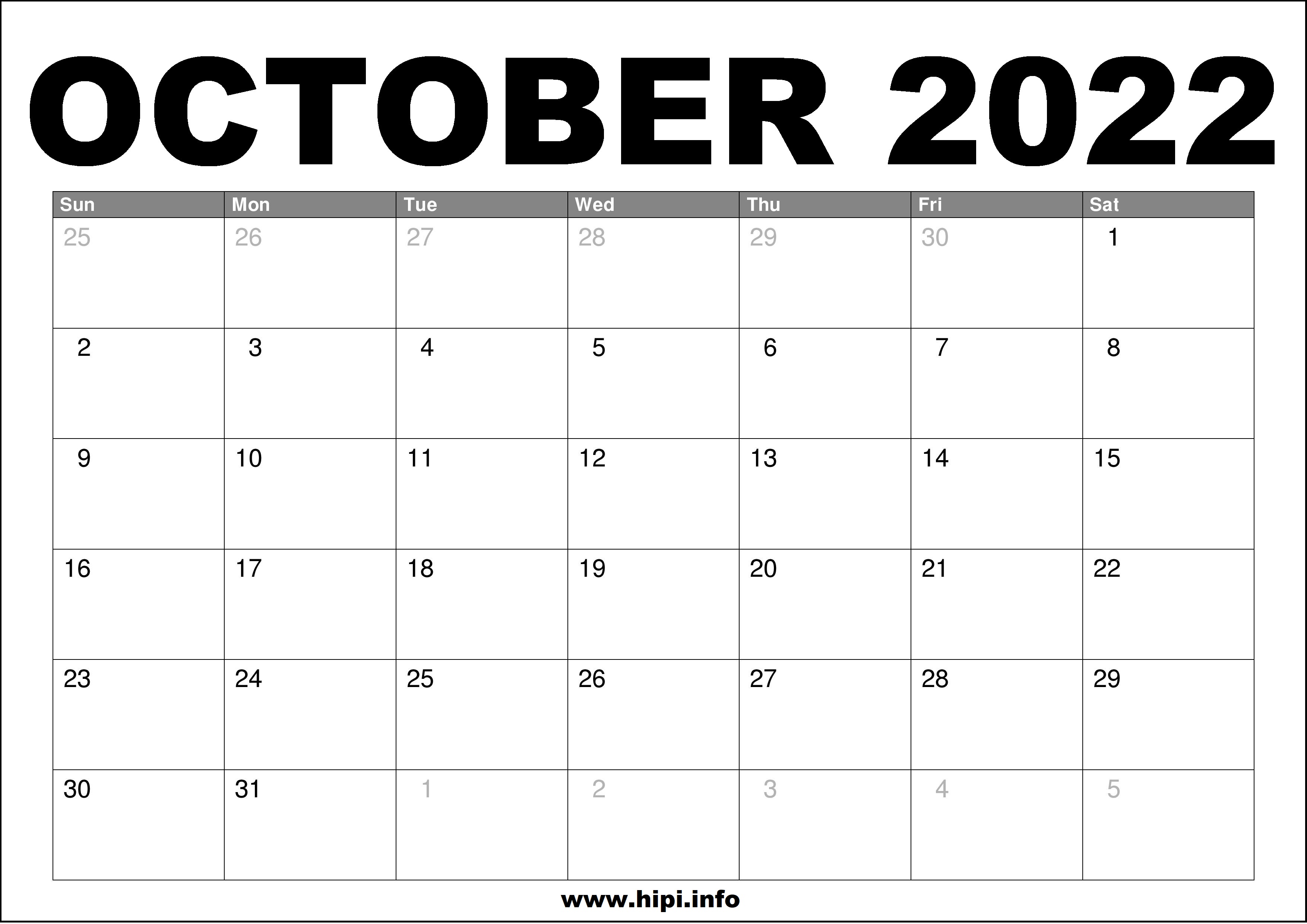 Monthly Calendar October 2022 October 2022 Calendar Printable Free - Hipi.info | Calendars Printable Free