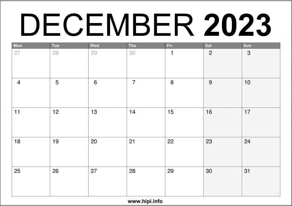 December 2023 UK Calendar A4 Size Free