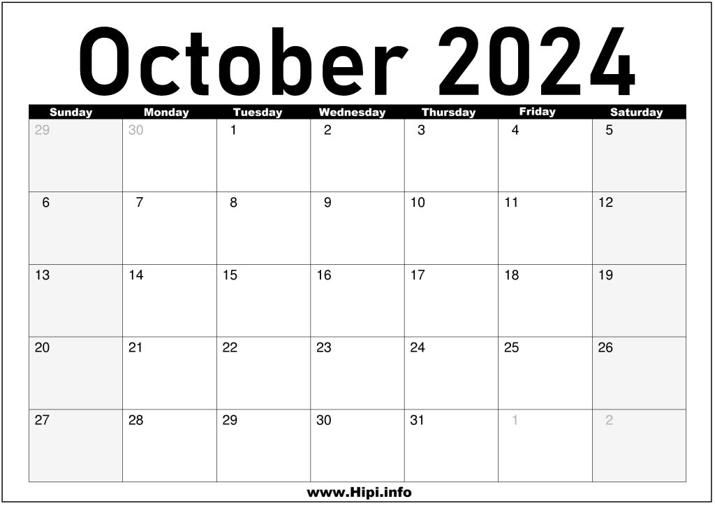 October 2024 Monthly Calendar