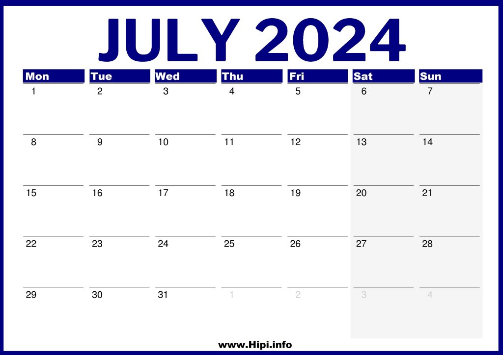 UK July 2024 Calendar Printable