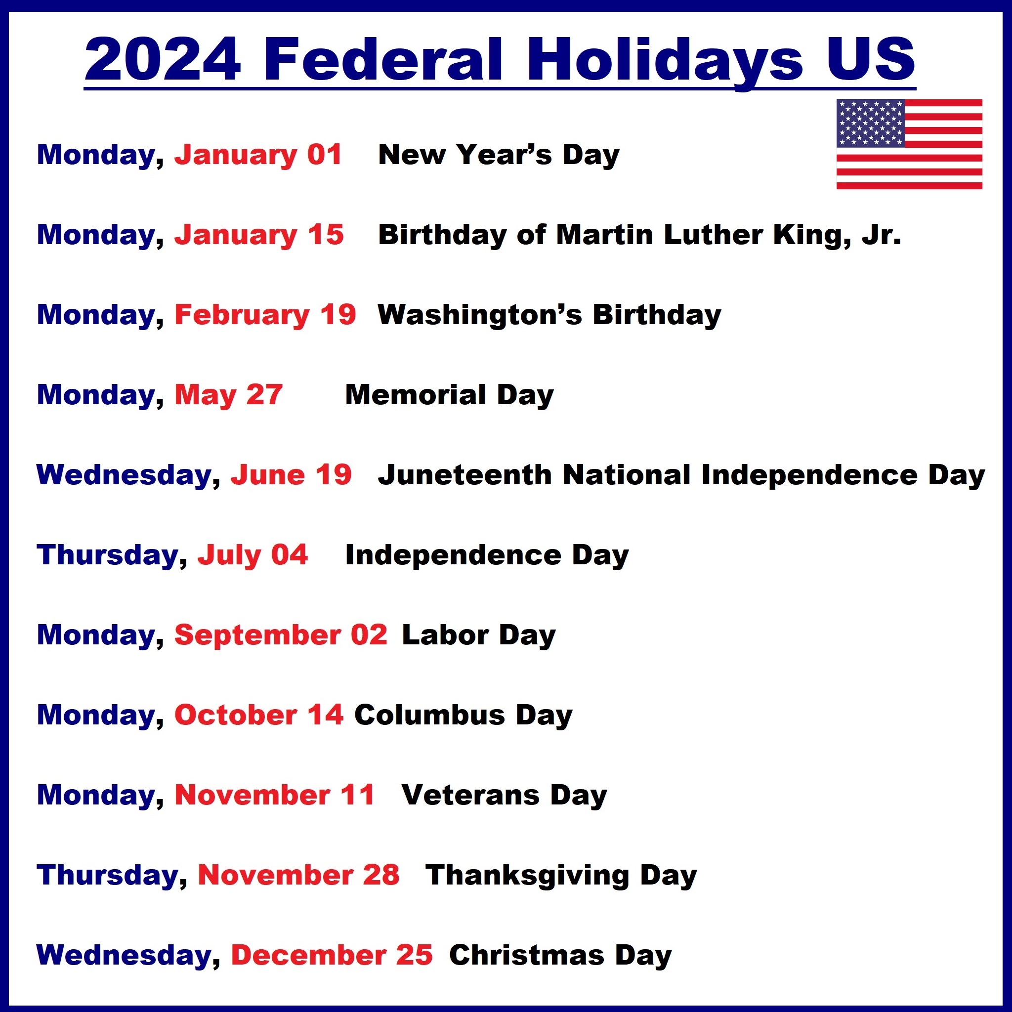 2024 calendar with holidays (US Federal Holidays)