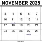 2025 November Calendar Printable with Holidays