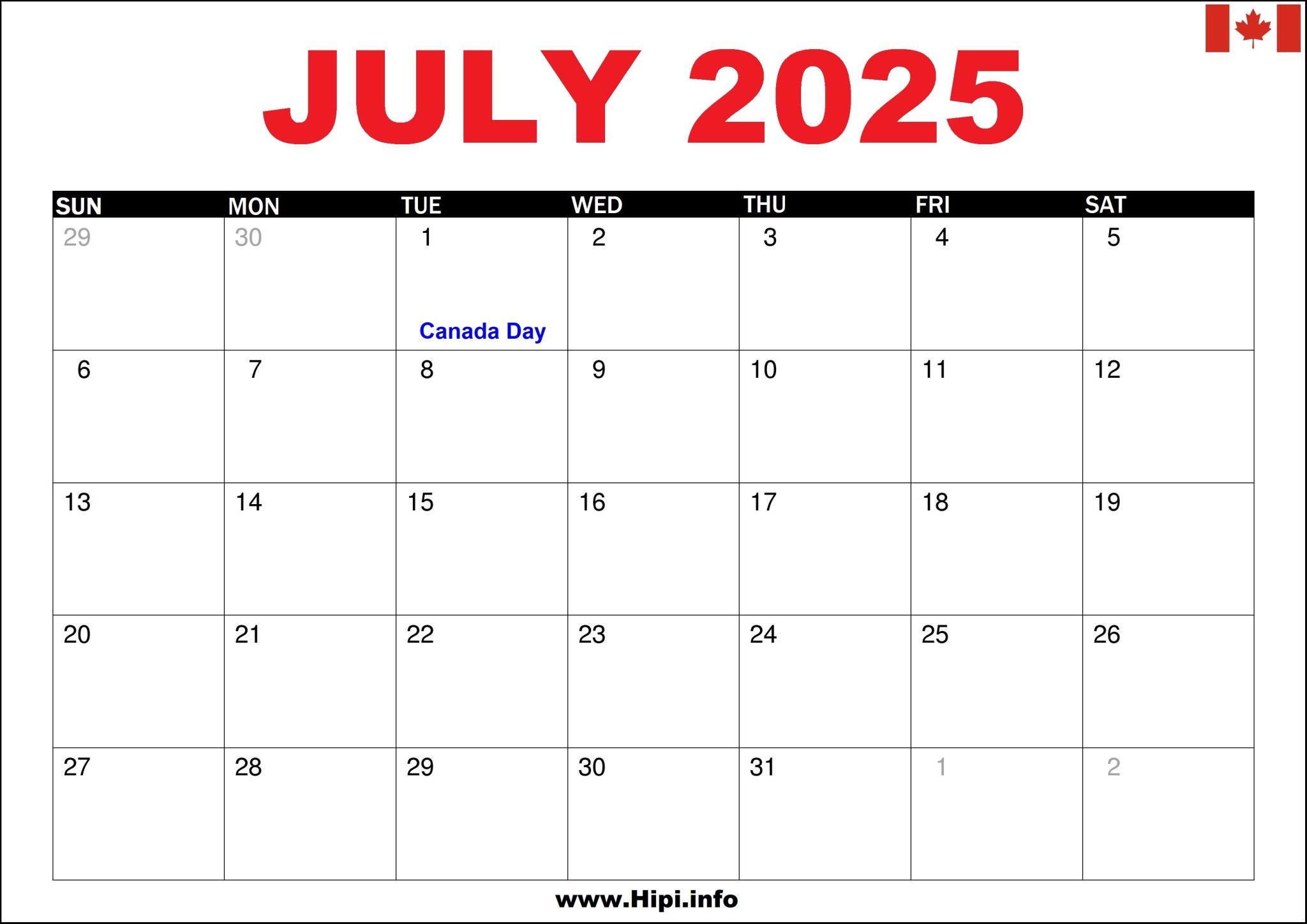 July 2025 Canada Calendar with Holidays Hipi.info