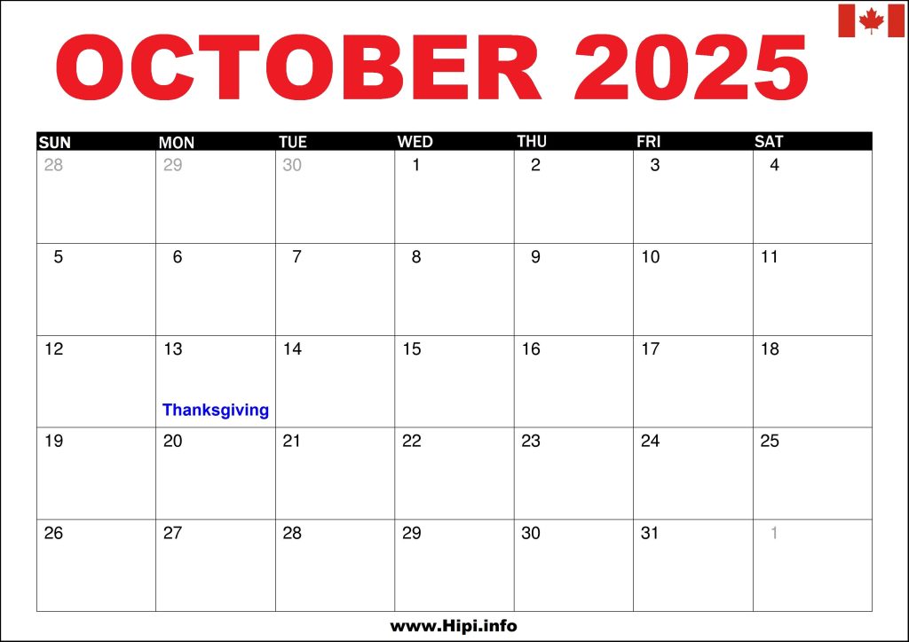 October 2025 Calendar Canada with Holidays - Hipi.info
