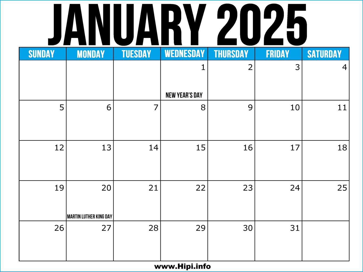 January 2025 Calendar Printable US Hipi.info