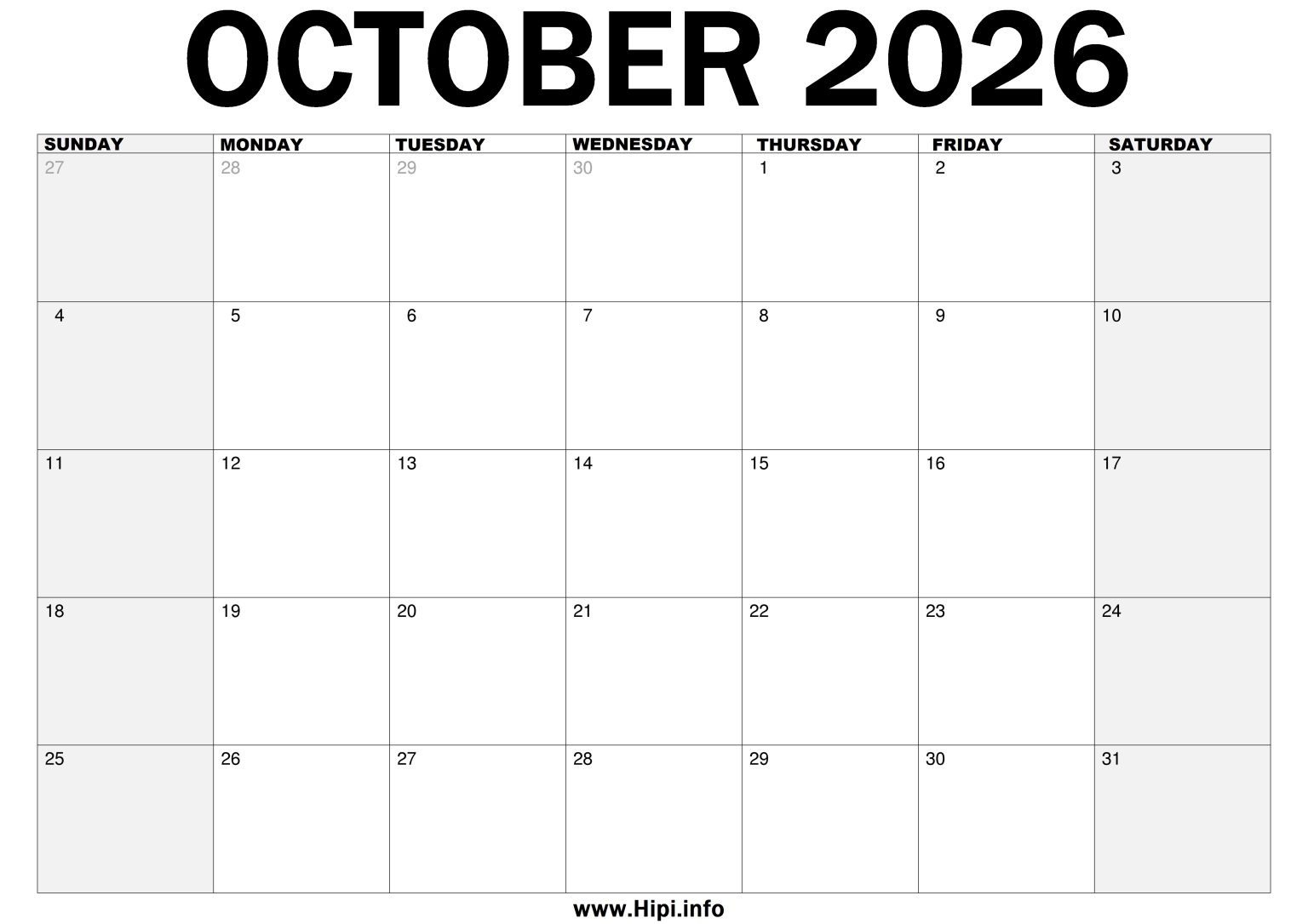 October 2026 Printable Calendar - Hipi.info