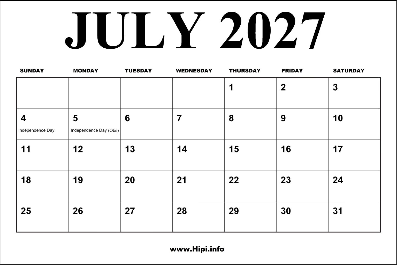 2027 July Calendar with holidays - Hipi.info