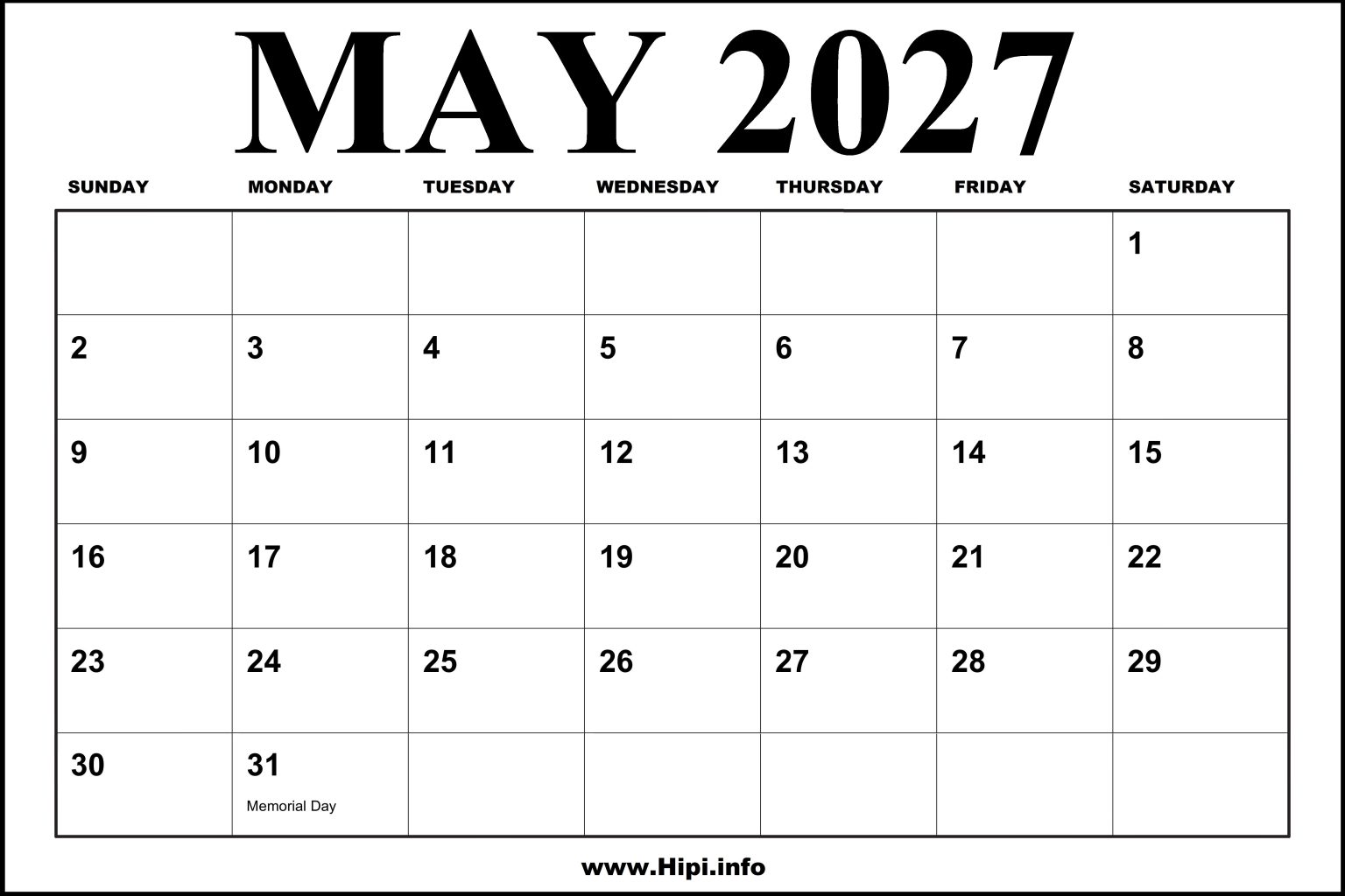 2027 May Calendar with holidays - Hipi.info